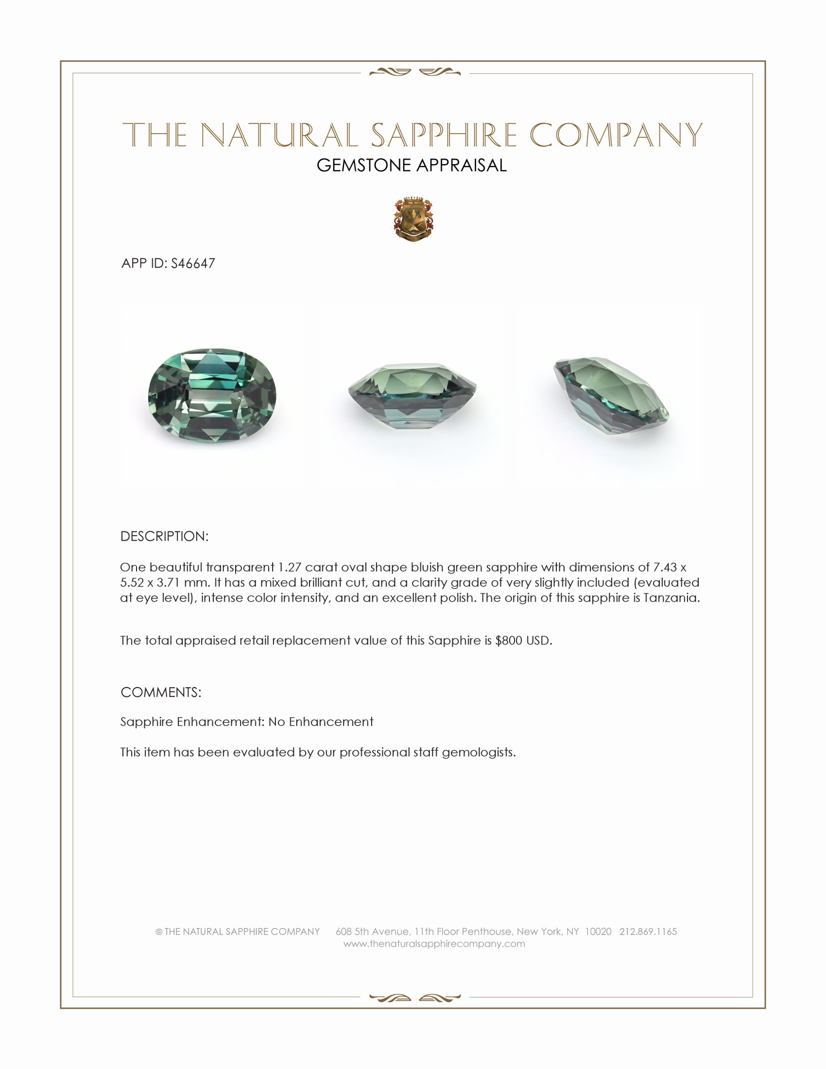 1.27 Ct. Bluish Green Sapphire from Tanzania