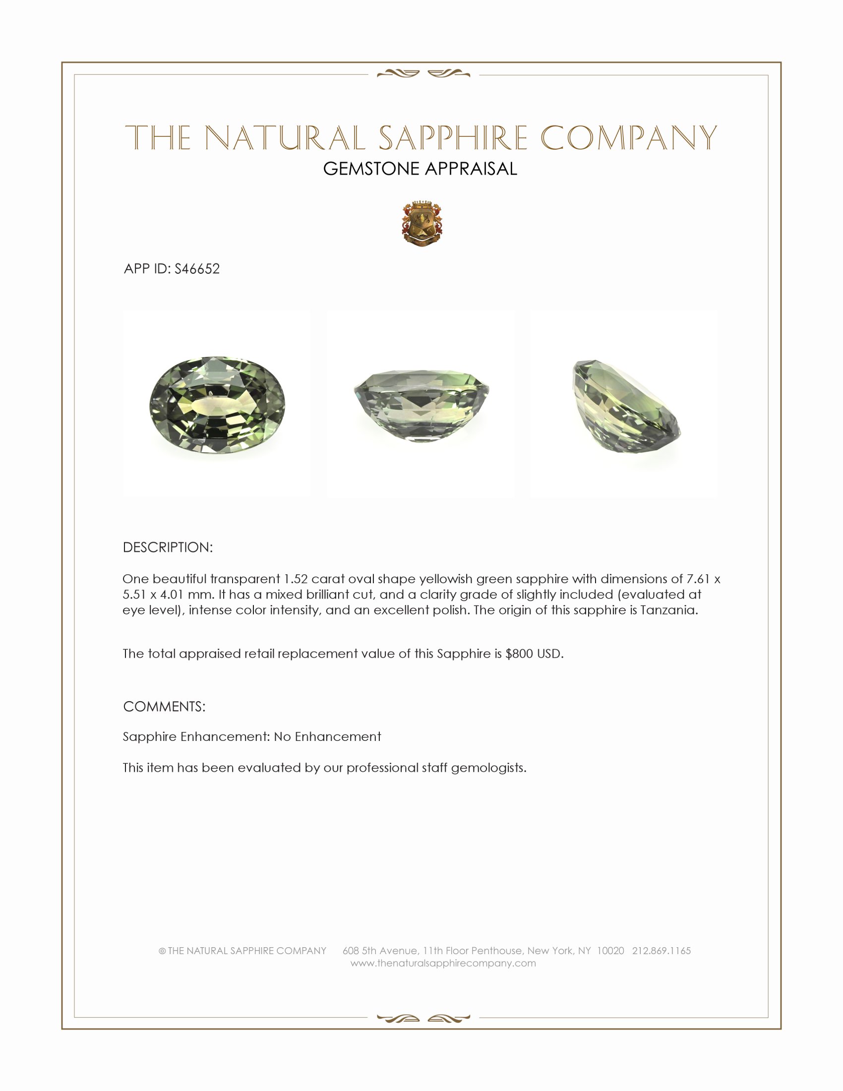 1.52 Ct. Yellowish Green Sapphire from Tanzania