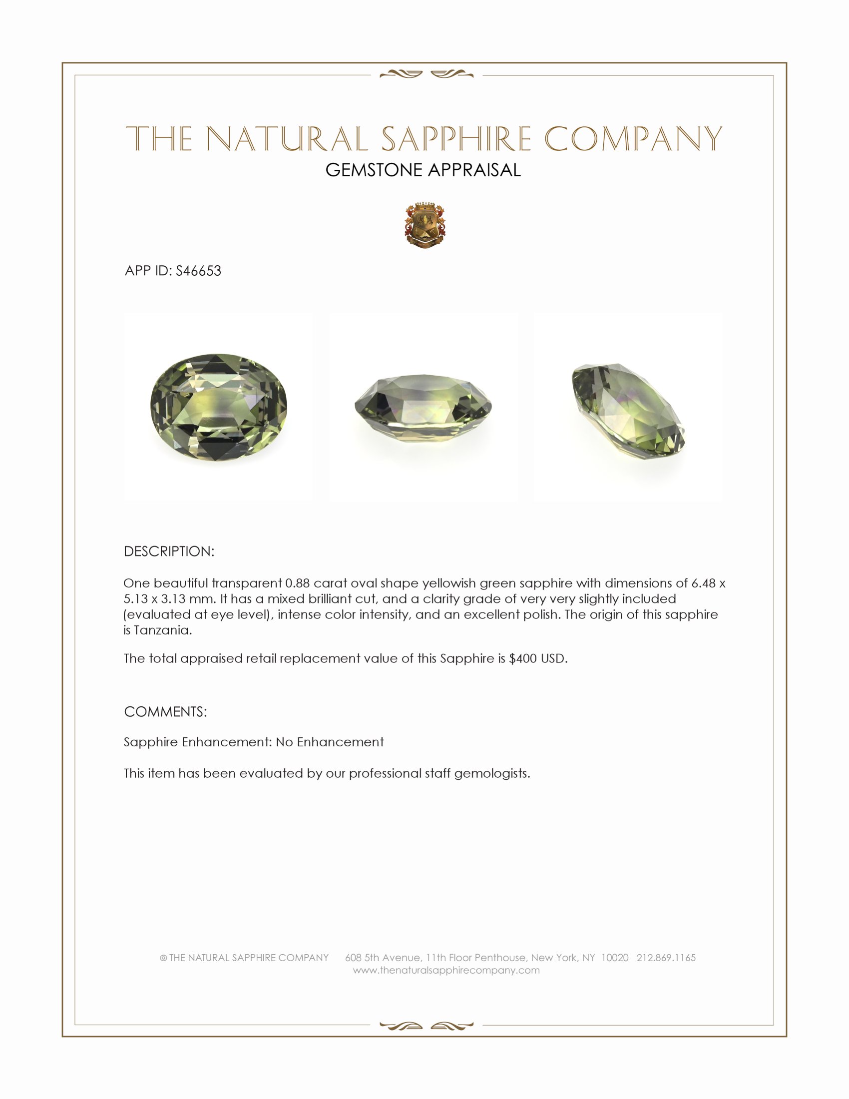0.88 Ct. Yellowish Green Sapphire from Tanzania