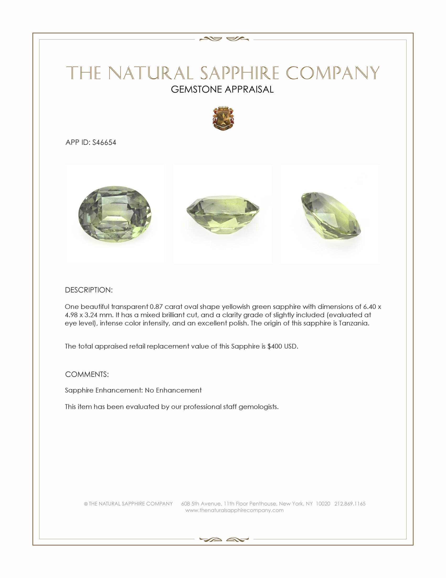 0.87 Ct. Yellowish Green Sapphire from Tanzania