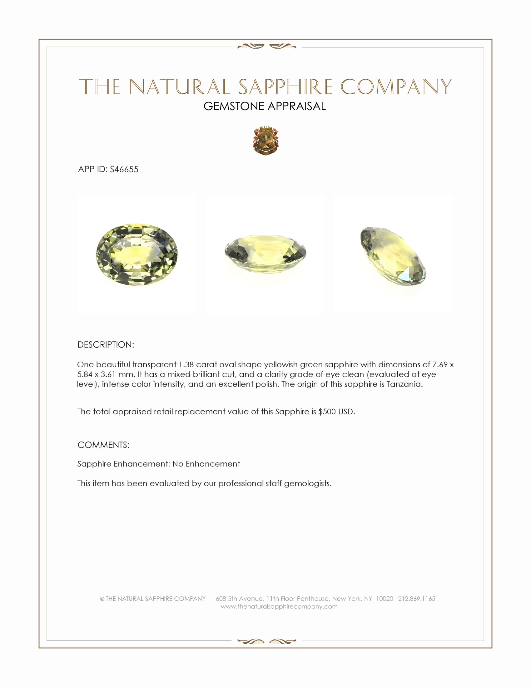 1.38 Ct. Yellowish Green Sapphire from Tanzania