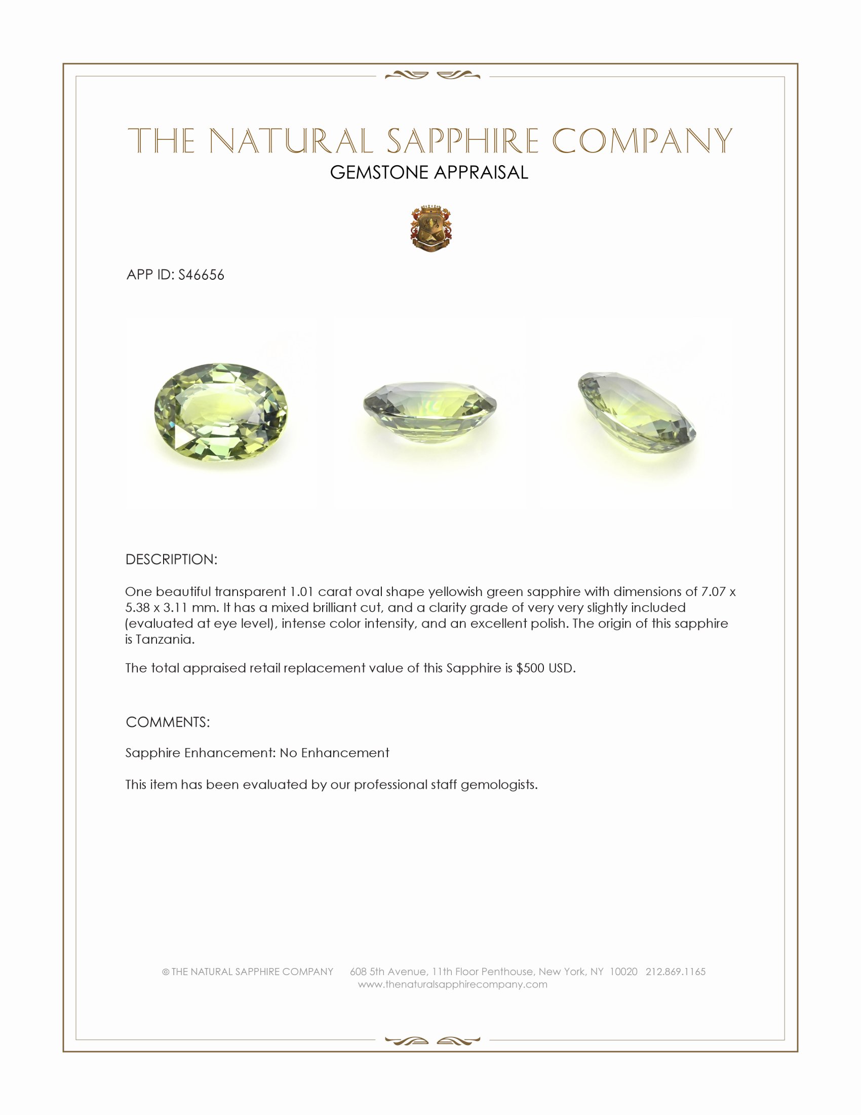 1.01 Ct. Yellowish Green Sapphire from Tanzania