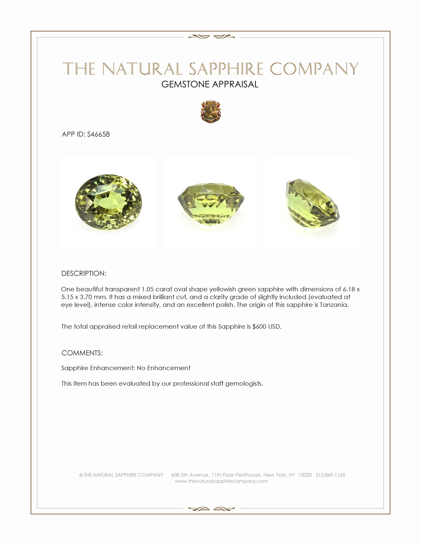1.05 Ct. Yellowish Green Sapphire from Tanzania