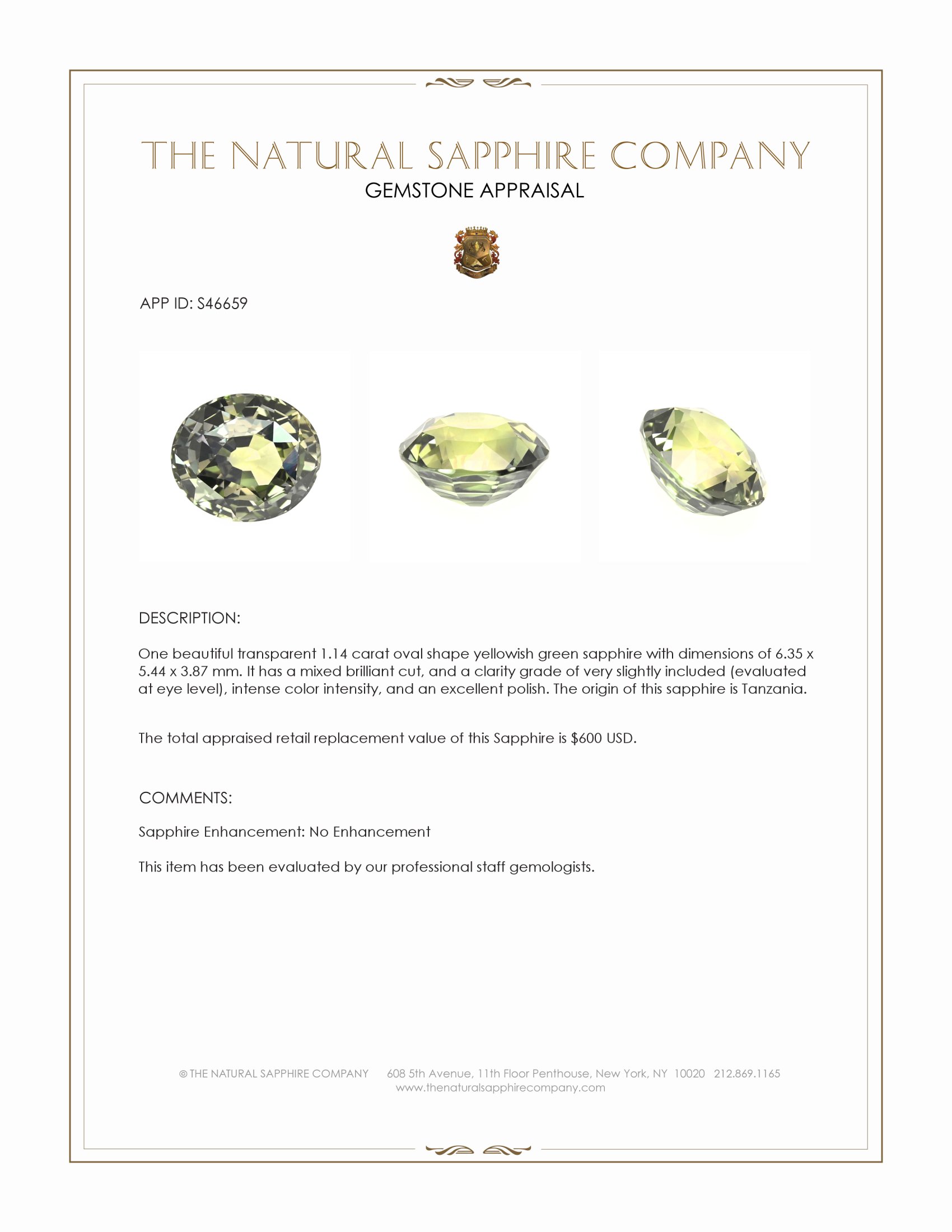 1.14 Ct. Yellowish Green Sapphire from Tanzania