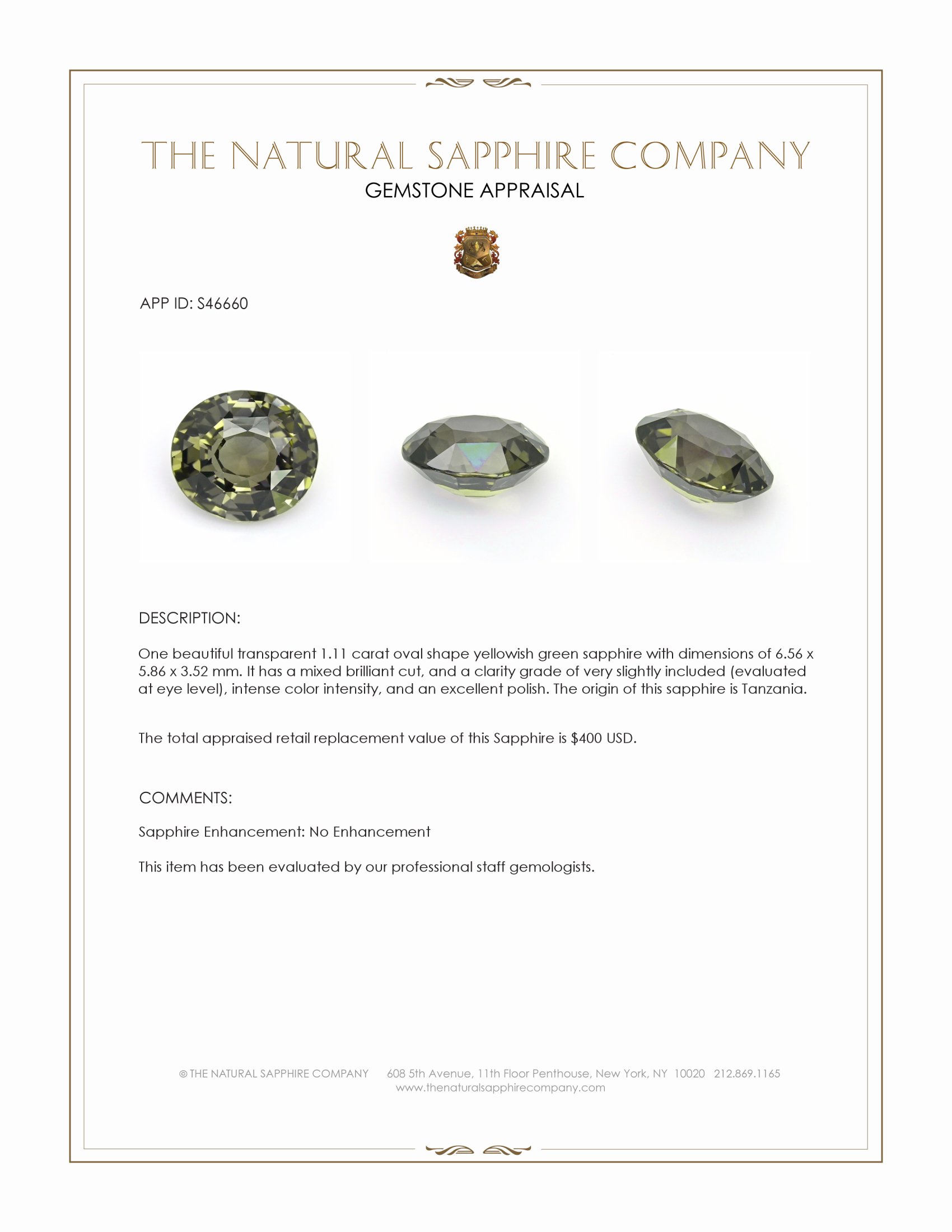 1.11 Ct. Yellowish Green Sapphire from Tanzania
