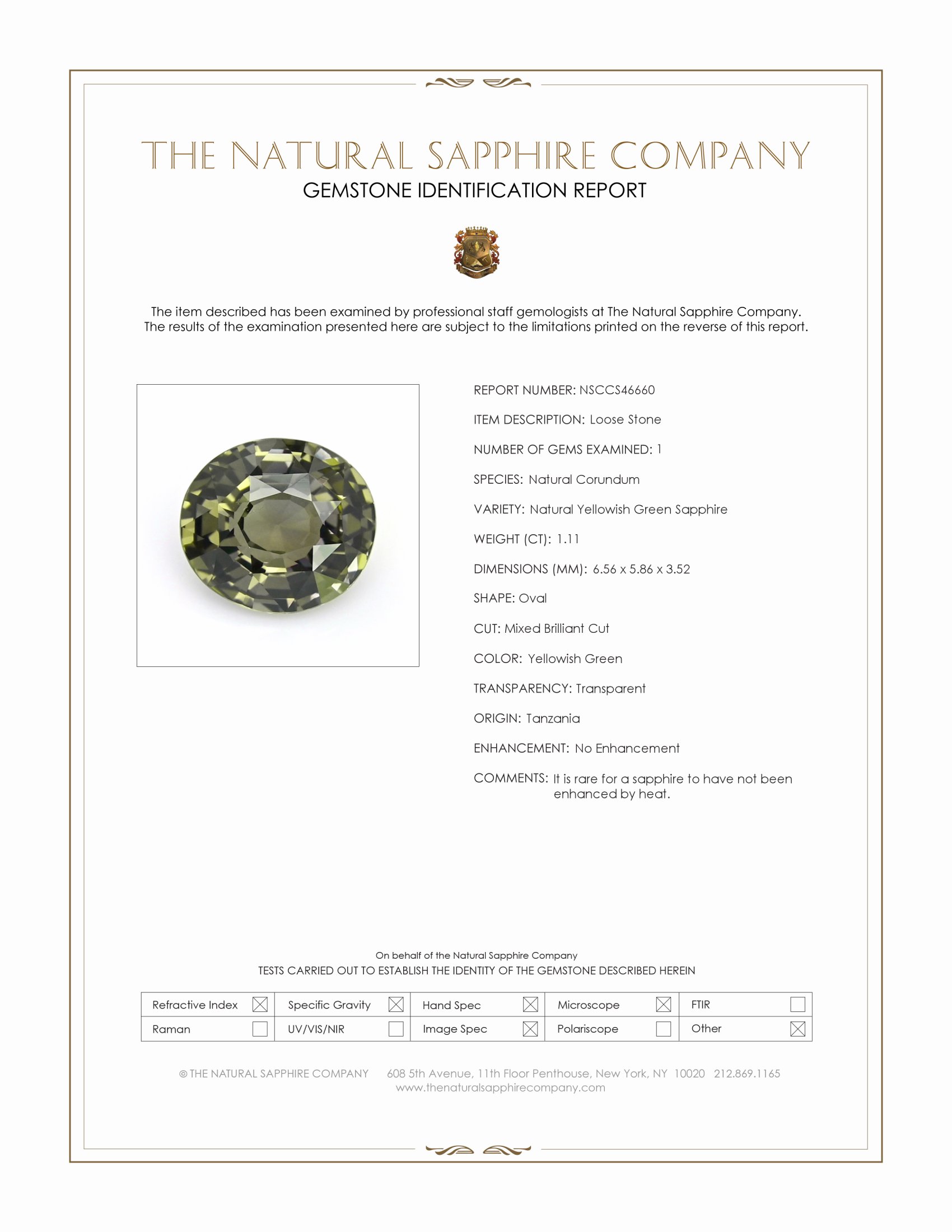 1.11 Ct. Yellowish Green Sapphire from Tanzania