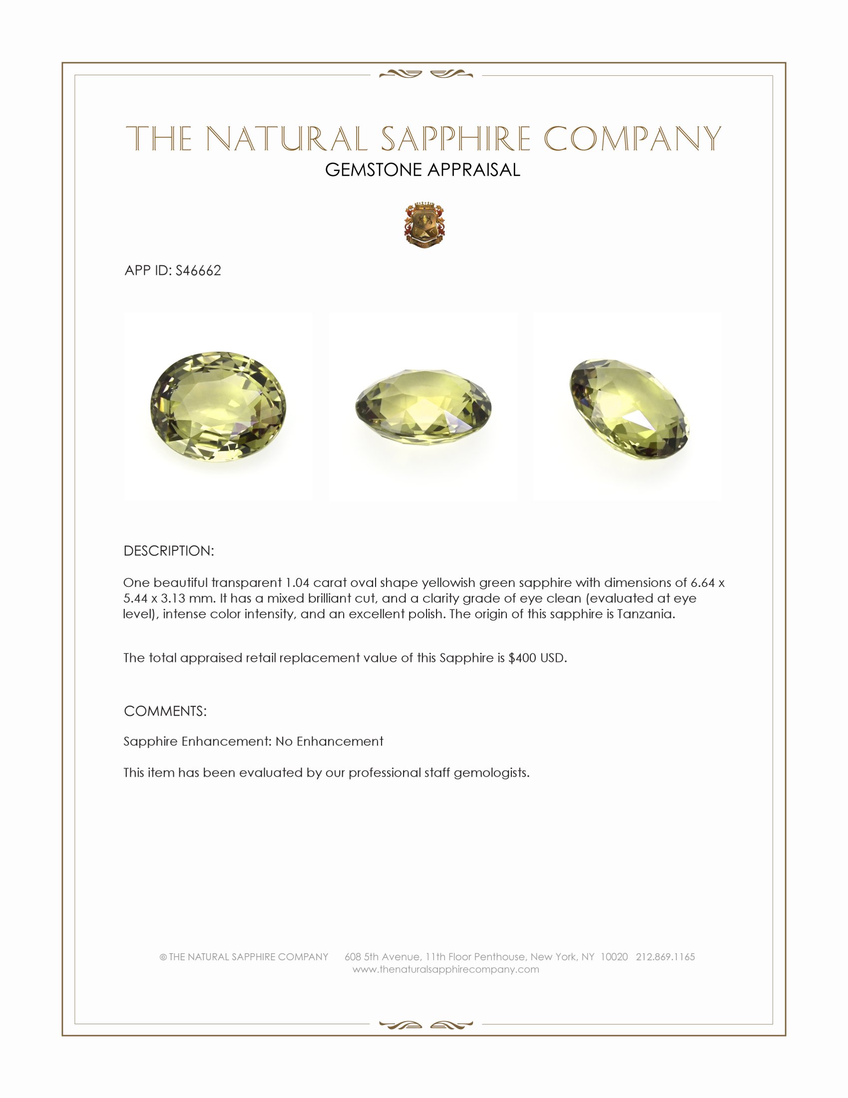 1.04 Ct. Yellowish Green Sapphire from Tanzania