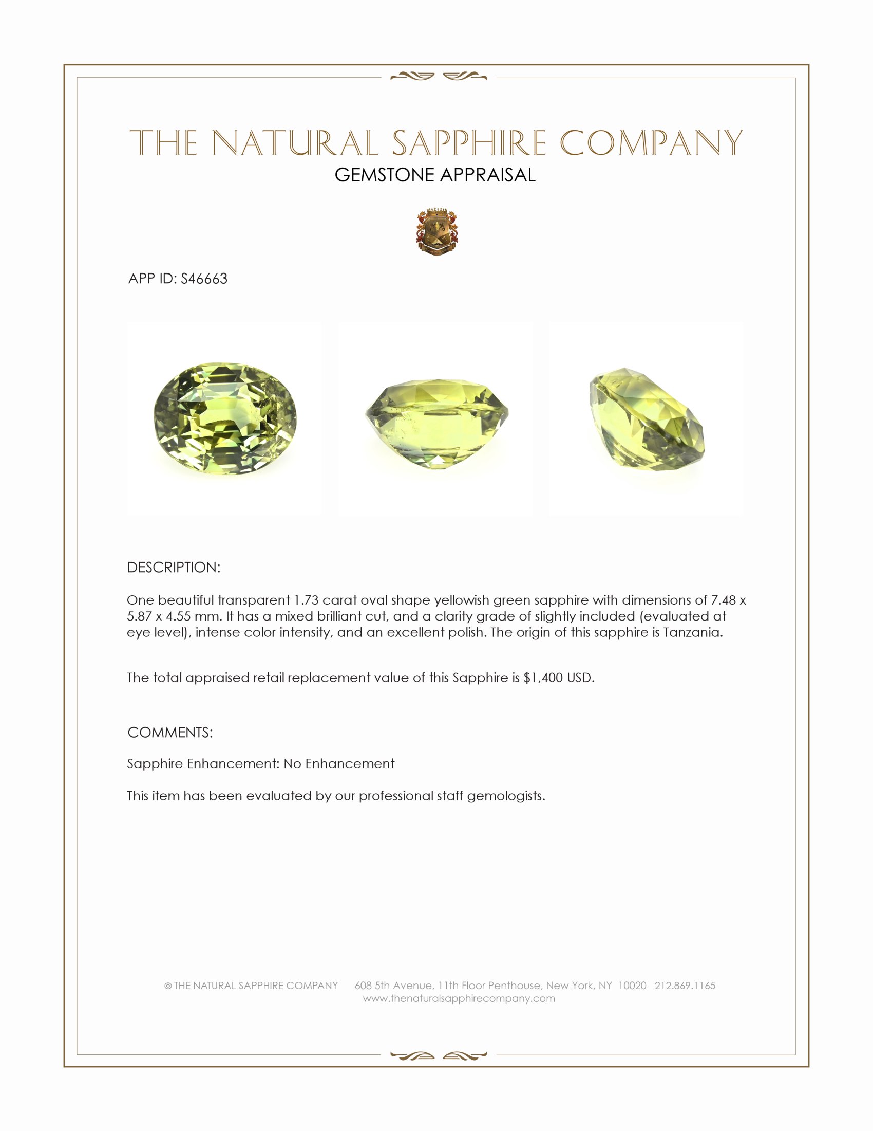 1.73 Ct. Yellowish Green Sapphire from Tanzania