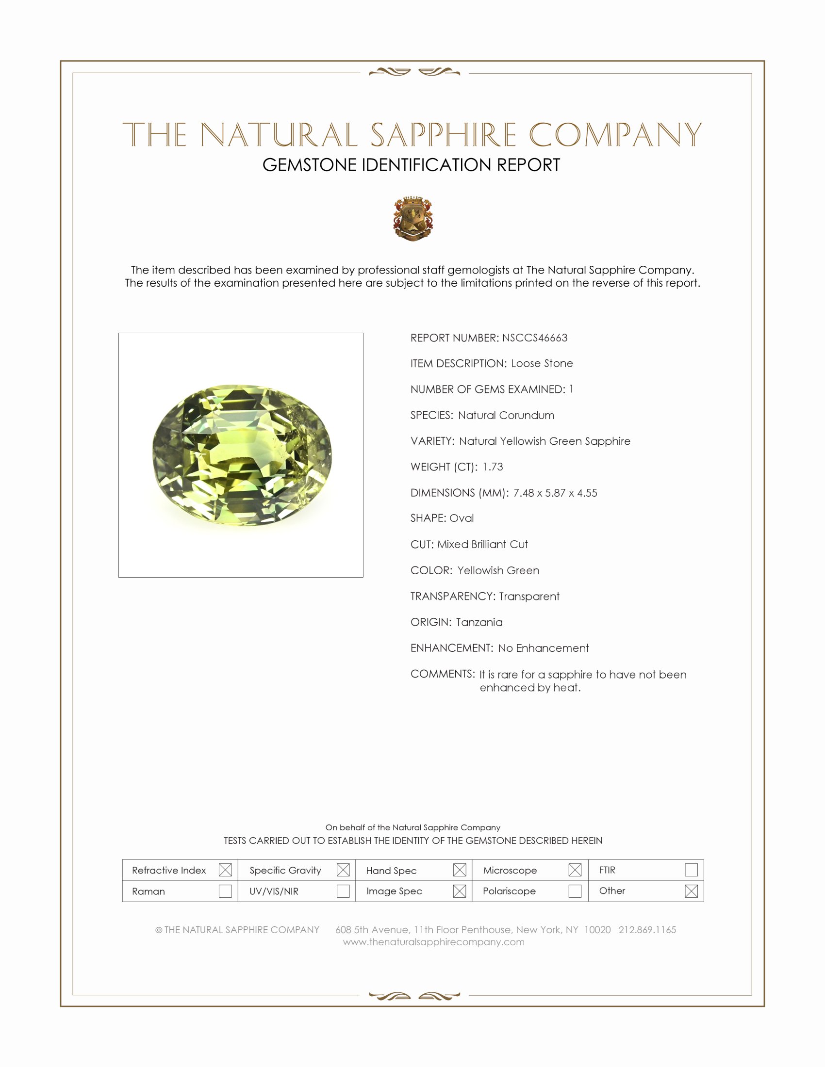 1.73 Ct. Yellowish Green Sapphire from Tanzania