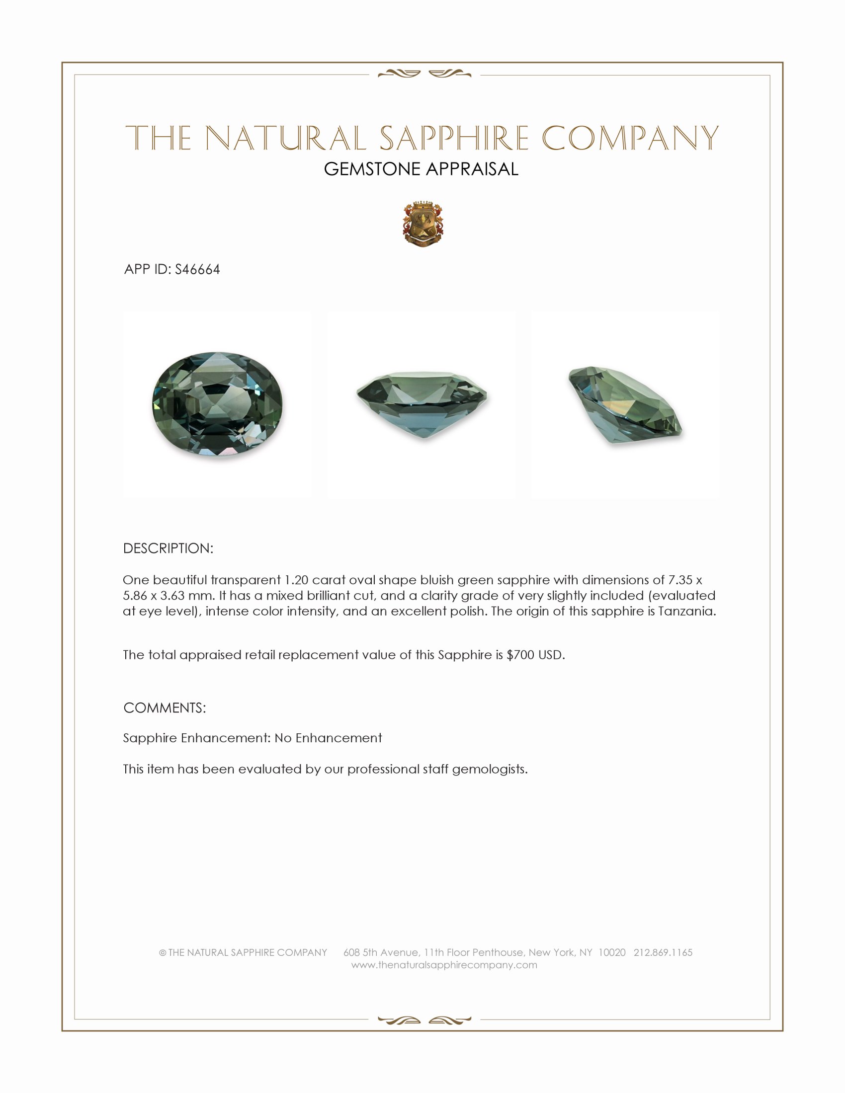 1.20 Ct. Bluish Green Sapphire from Tanzania