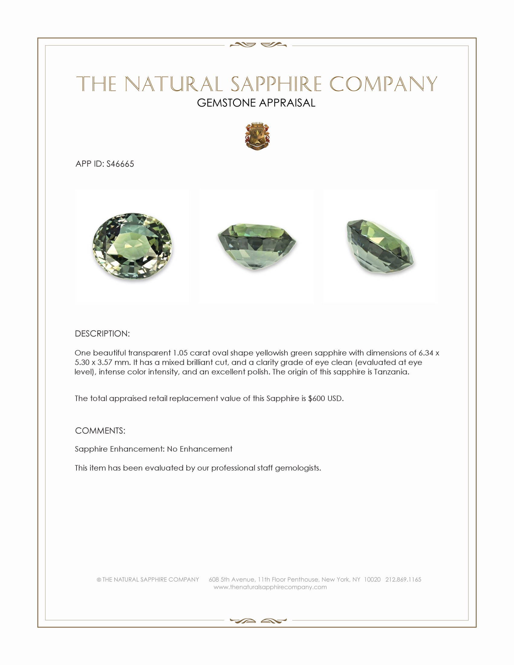 1.05 Ct. Yellowish Green Sapphire from Tanzania