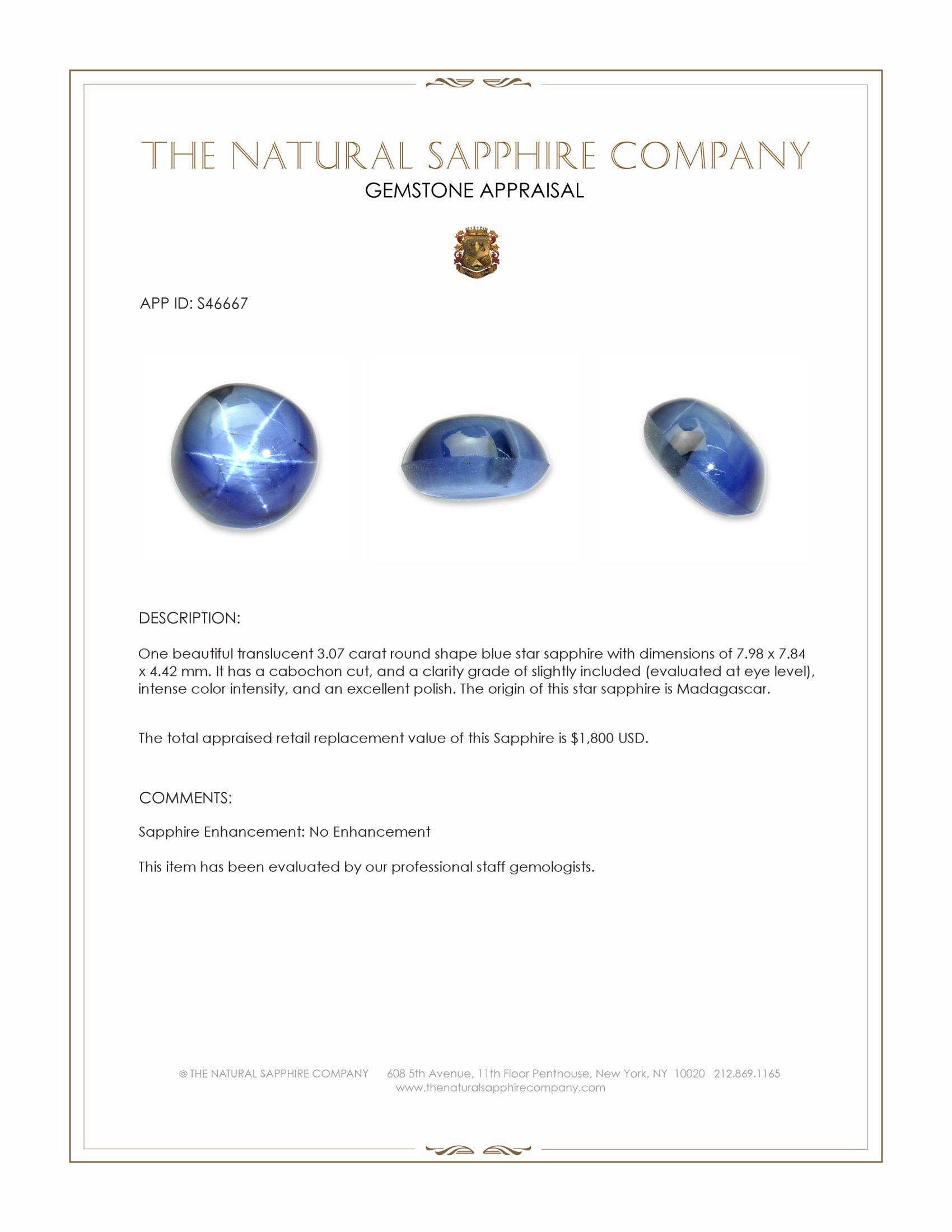 3.07 Ct. Blue Star Sapphire from Madagascar