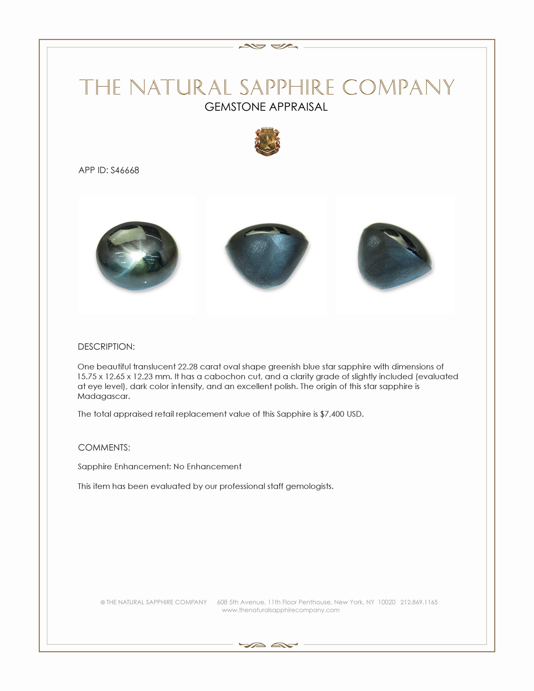 22.28 Ct. Greenish Blue Star Sapphire from Madagascar
