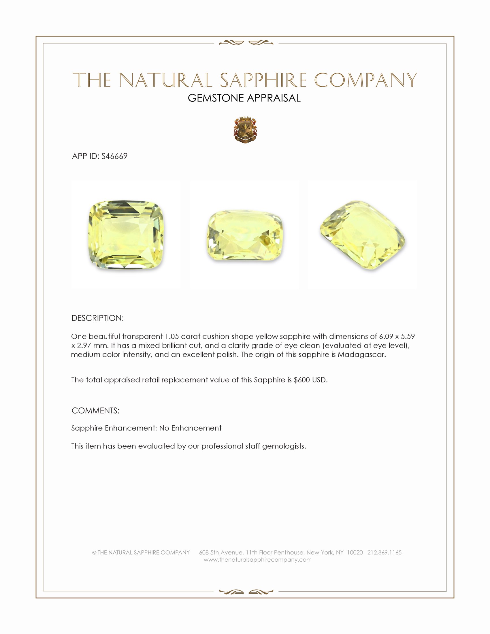 1.05 Ct. Yellow Sapphire from Madagascar