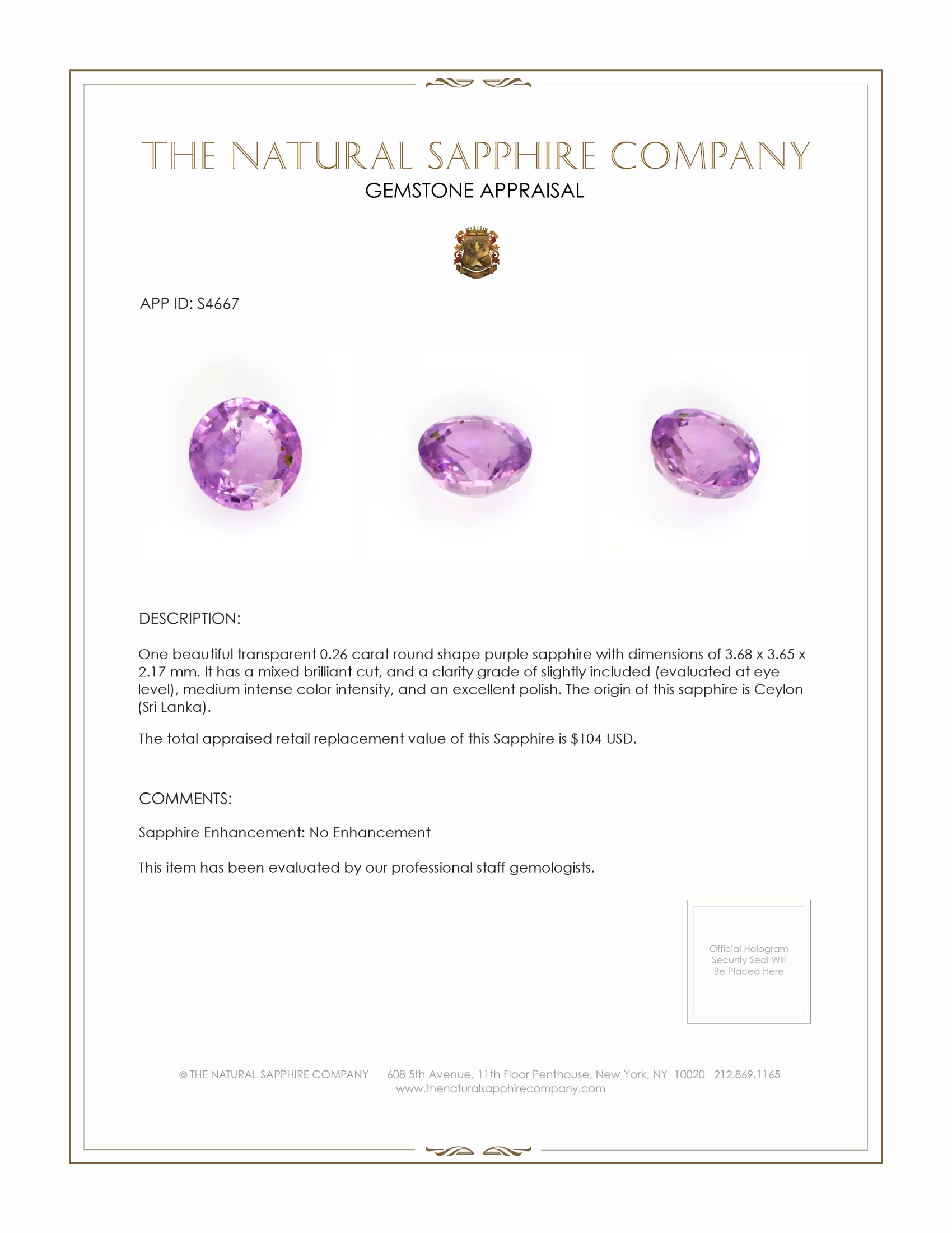 0.26 Ct. Purple Sapphire from Ceylon (Sri Lanka)
