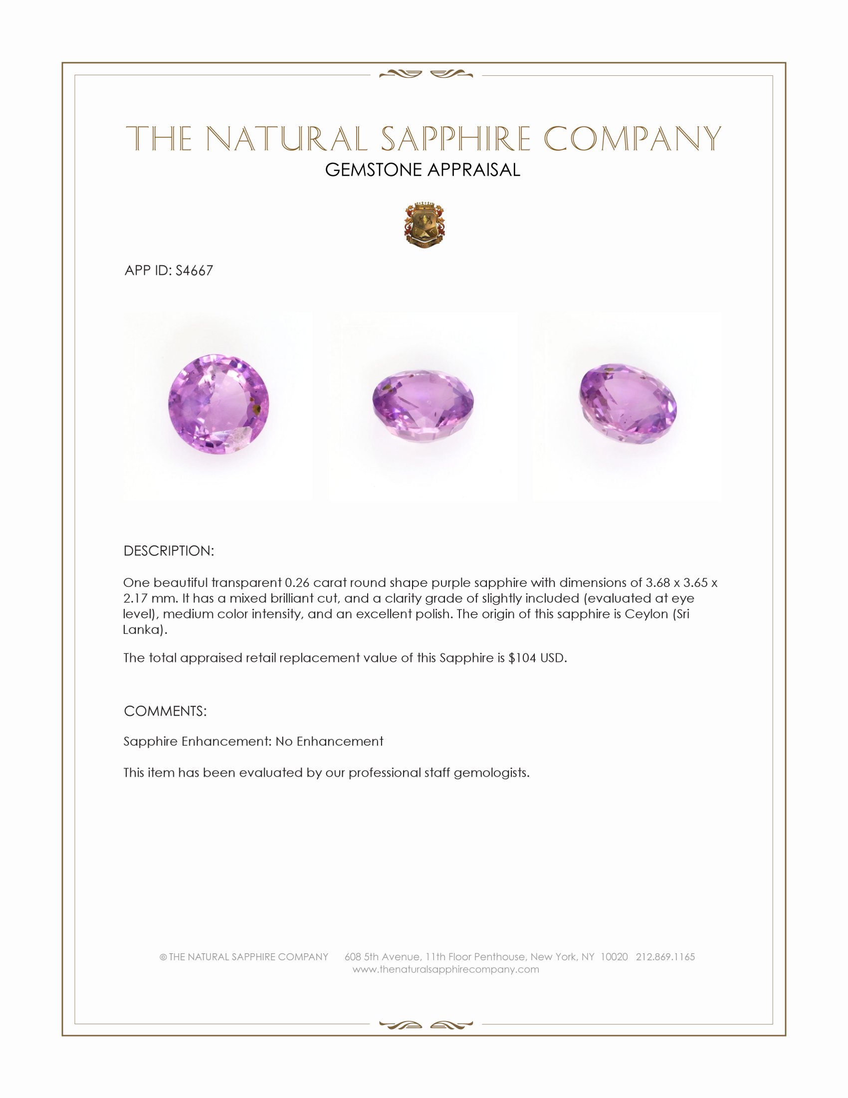 0.26 Ct. Purple Sapphire from Ceylon (Sri Lanka)