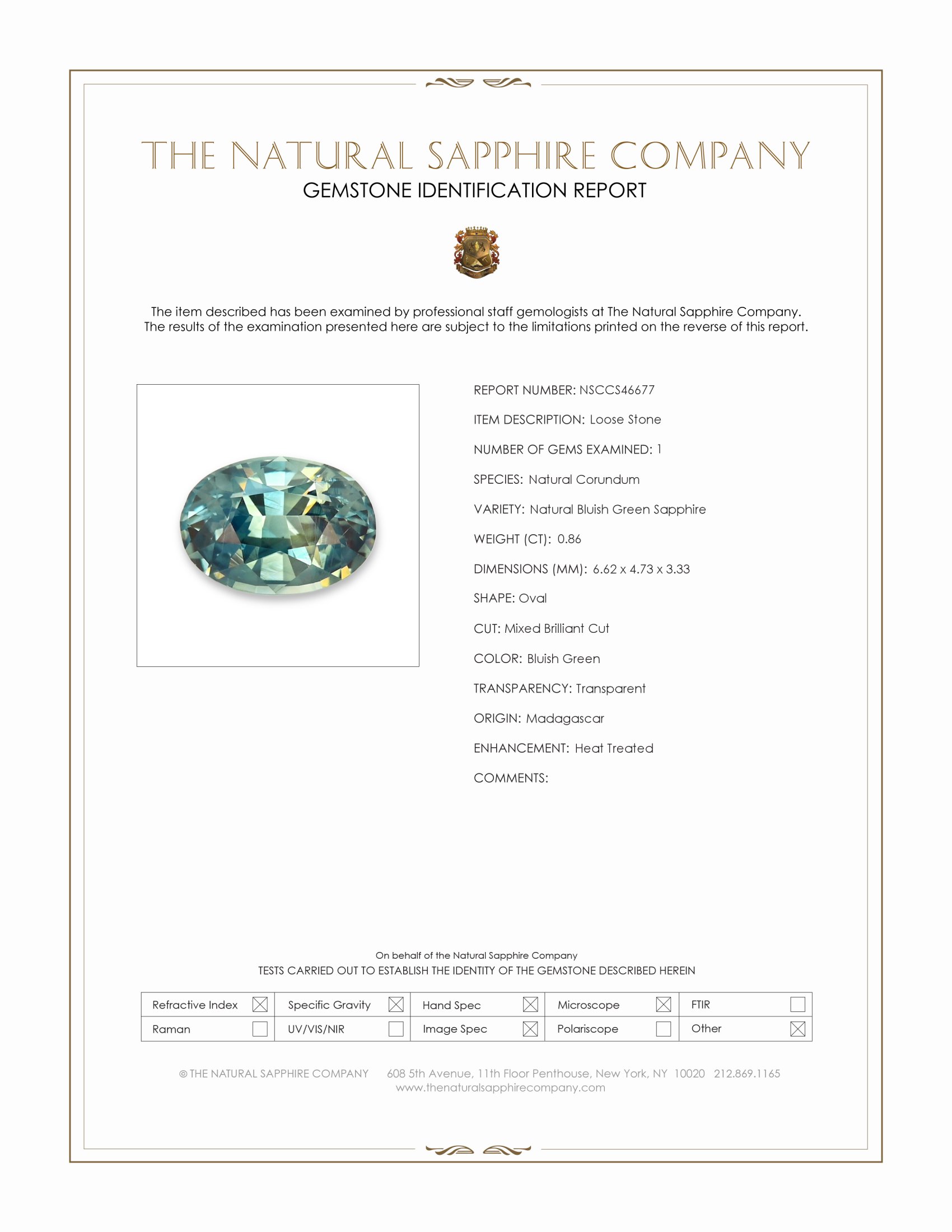 0.86 Ct. Bluish Green Sapphire from Madagascar