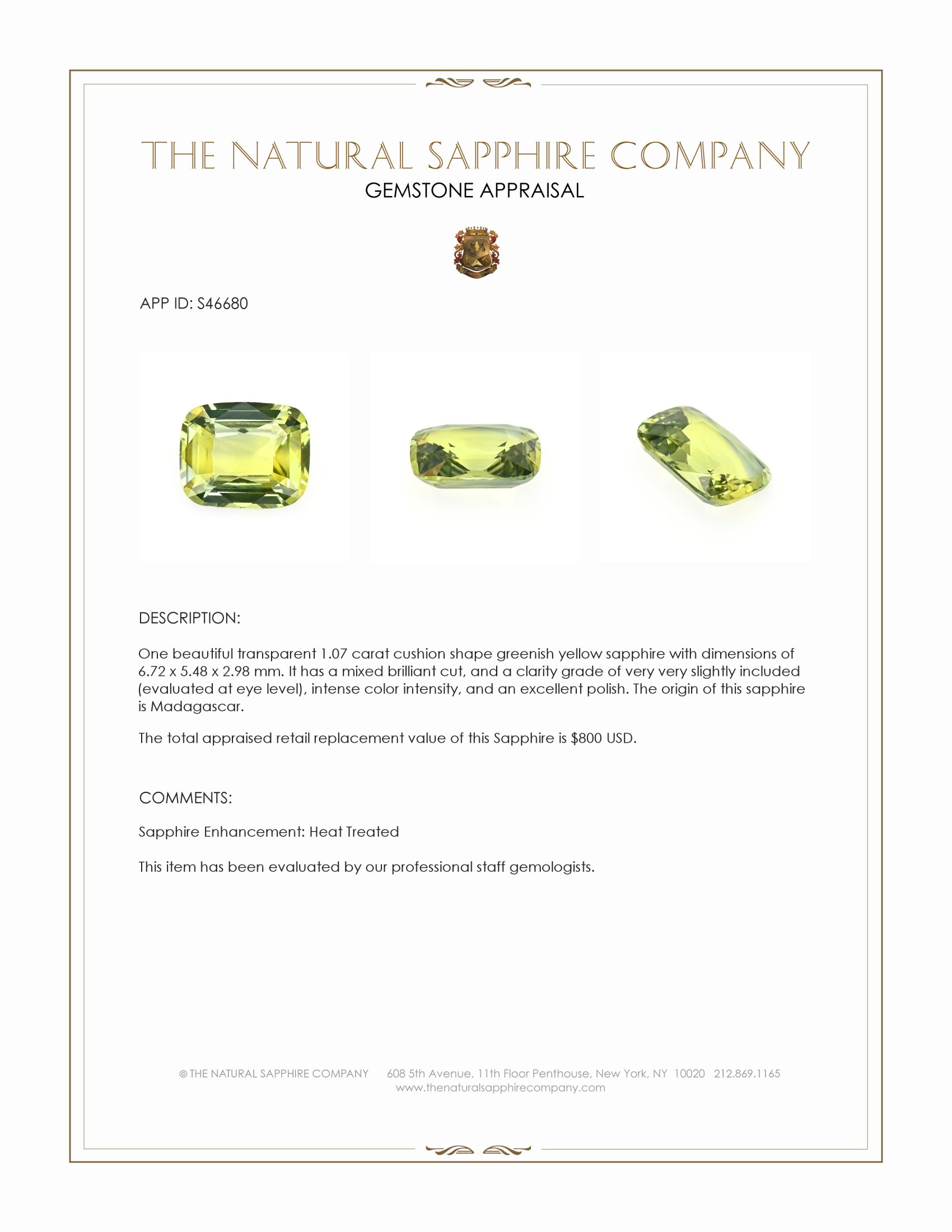 1.07 Ct. Greenish Yellow Sapphire from Madagascar