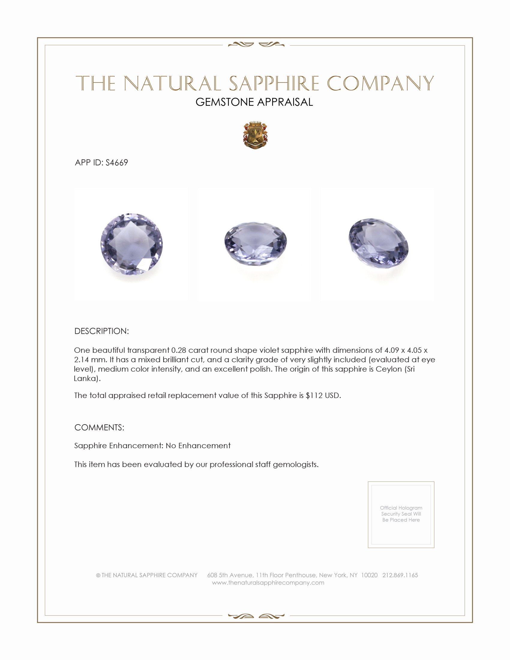 0.28 Ct. Violet Sapphire from Ceylon (Sri Lanka)