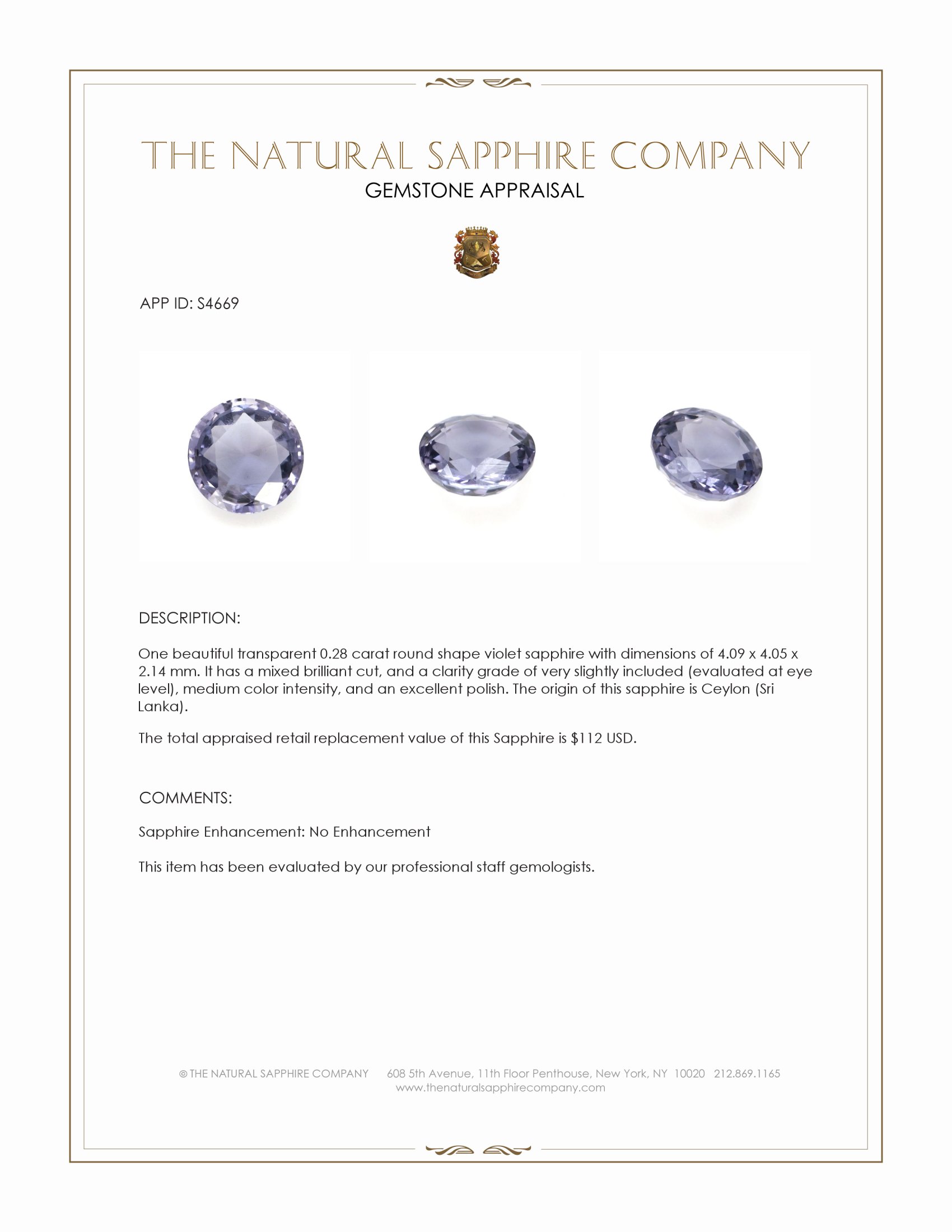 0.28 Ct. Violet Sapphire from Ceylon (Sri Lanka)