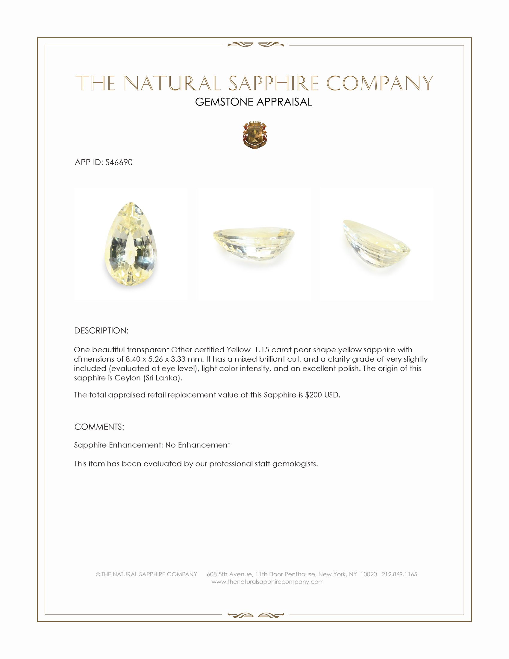 1.15 Ct. Yellow Sapphire from Ceylon (Sri Lanka)