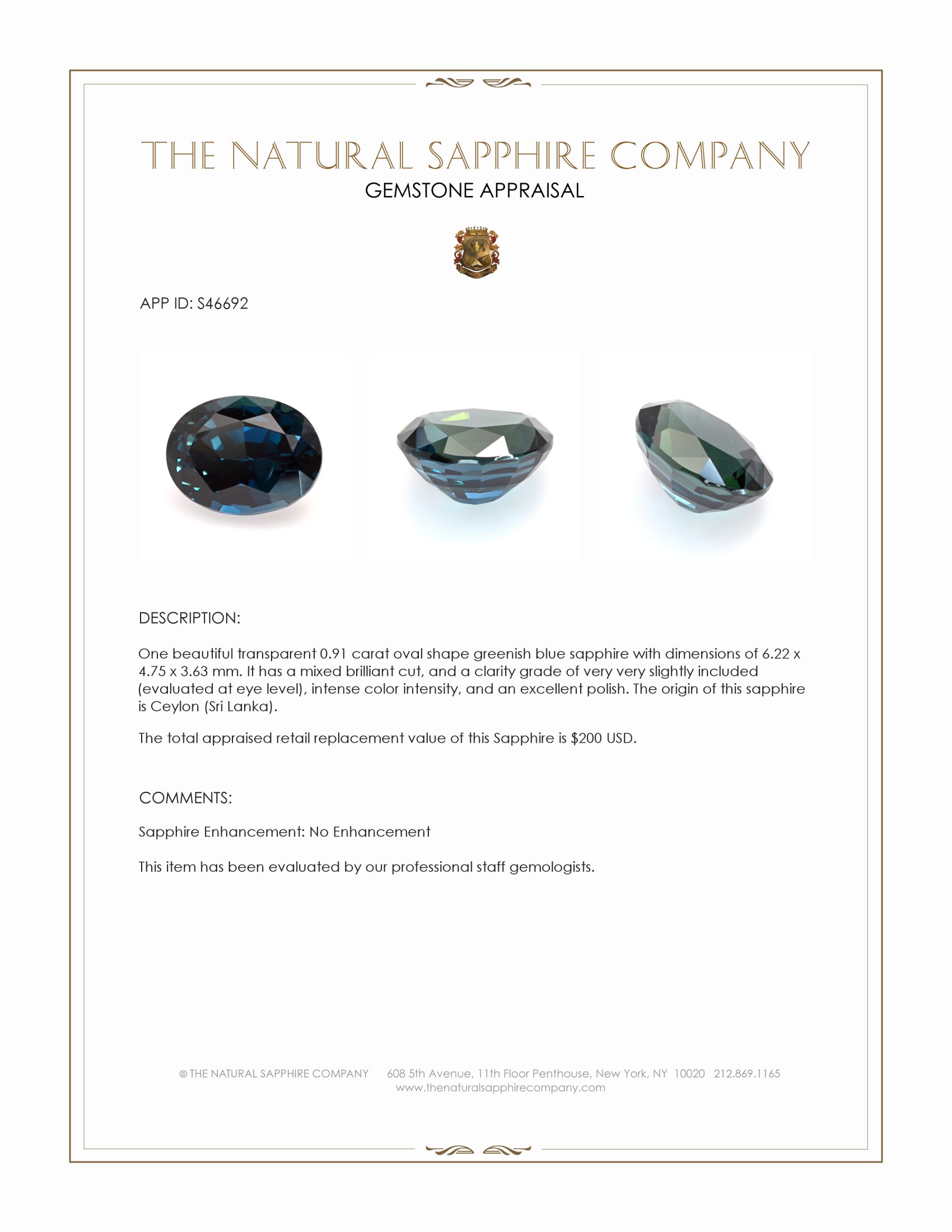 0.91 Ct. Greenish Blue Sapphire from Ceylon (Sri Lanka)