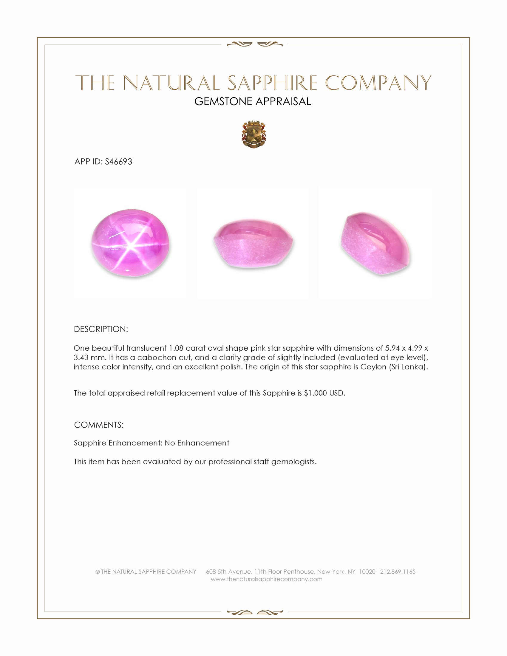 1.08 Ct. Pink Star Sapphire from Ceylon (Sri Lanka)