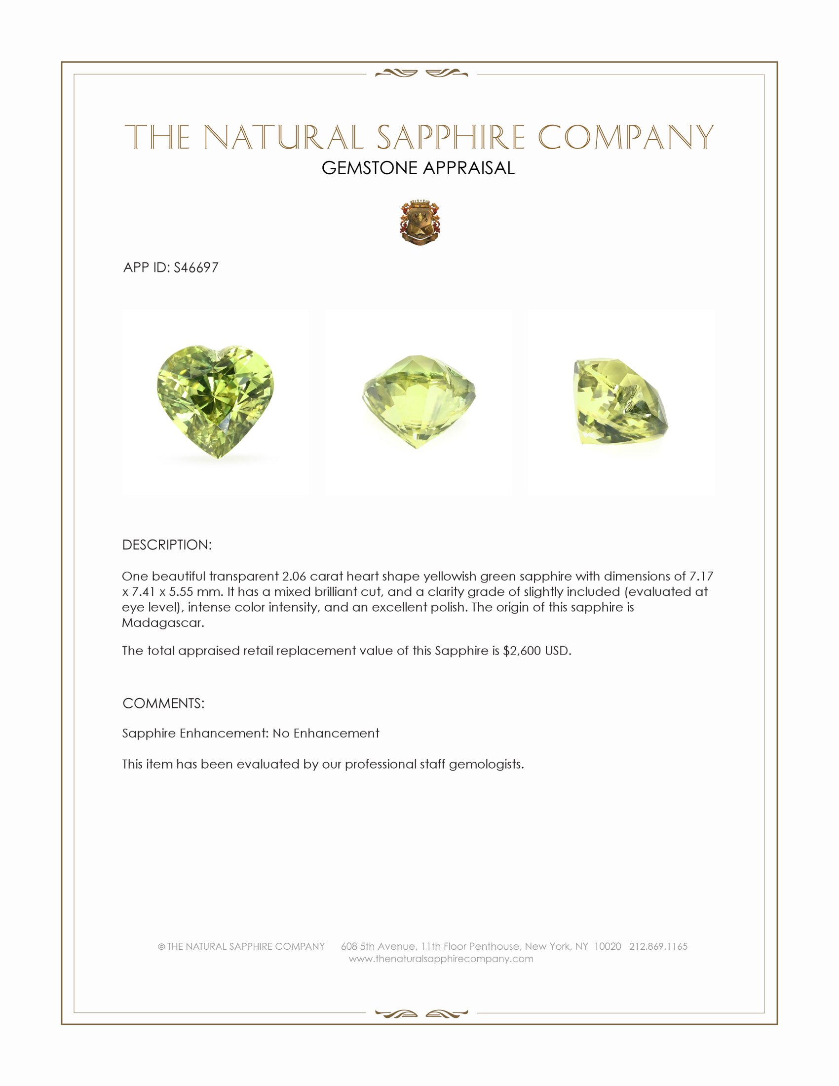 2.06 Ct. Yellowish Green Sapphire from Madagascar