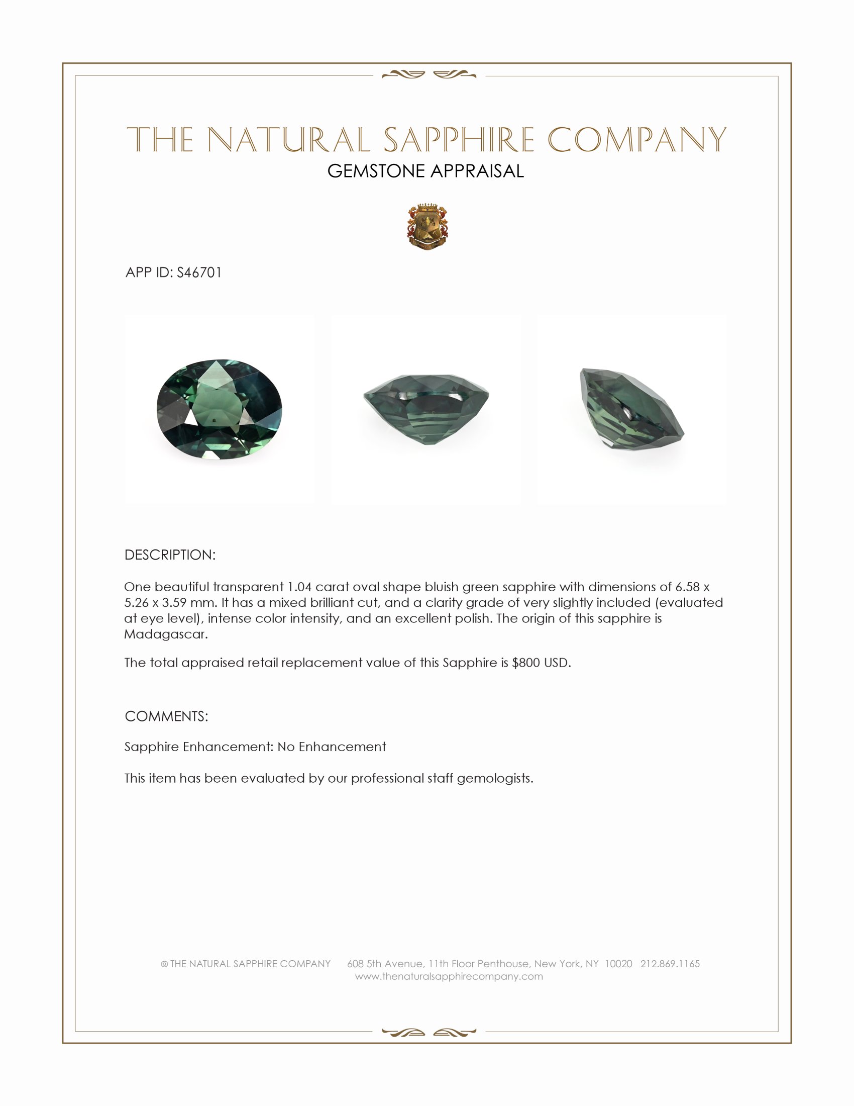 1.04 Ct. Bluish Green Sapphire from Madagascar
