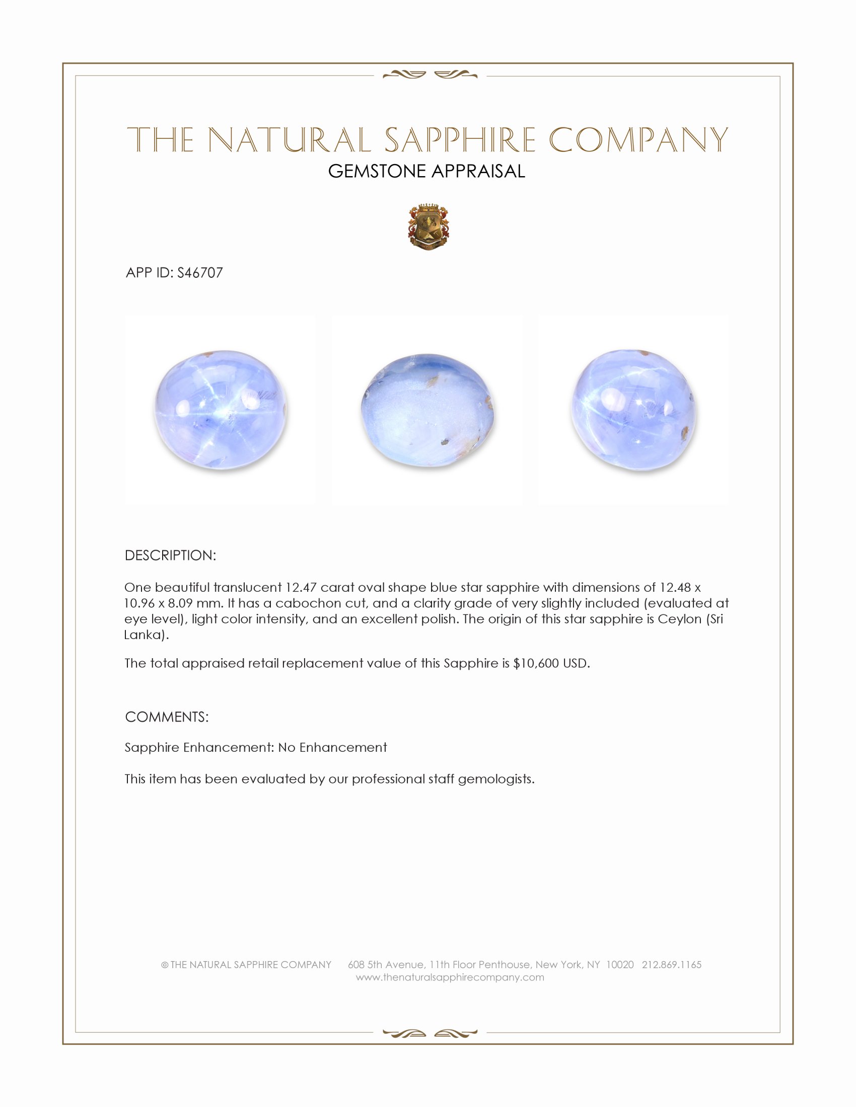 12.47 Ct. Blue Star Sapphire from Ceylon (Sri Lanka)