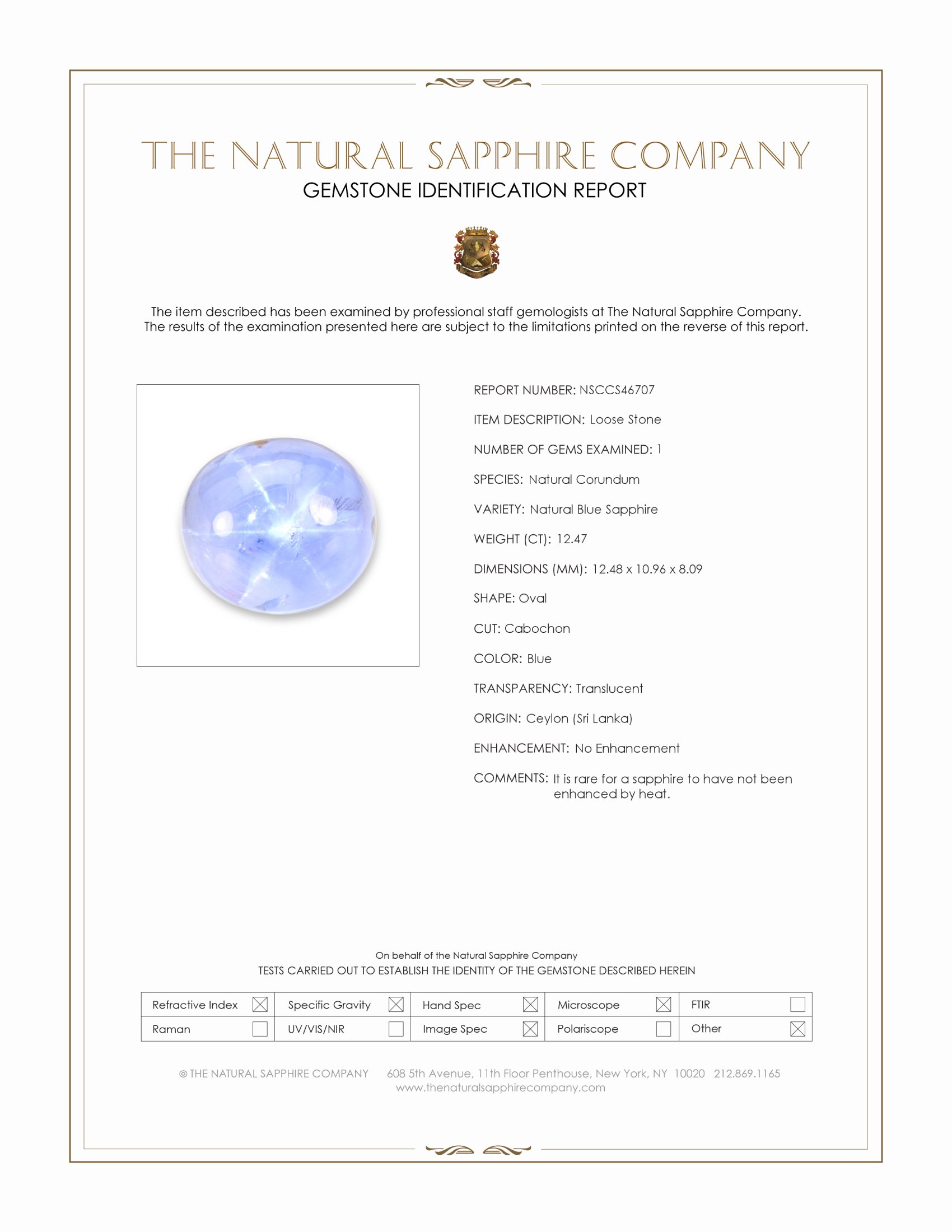 12.47 Ct. Blue Star Sapphire from Ceylon (Sri Lanka)
