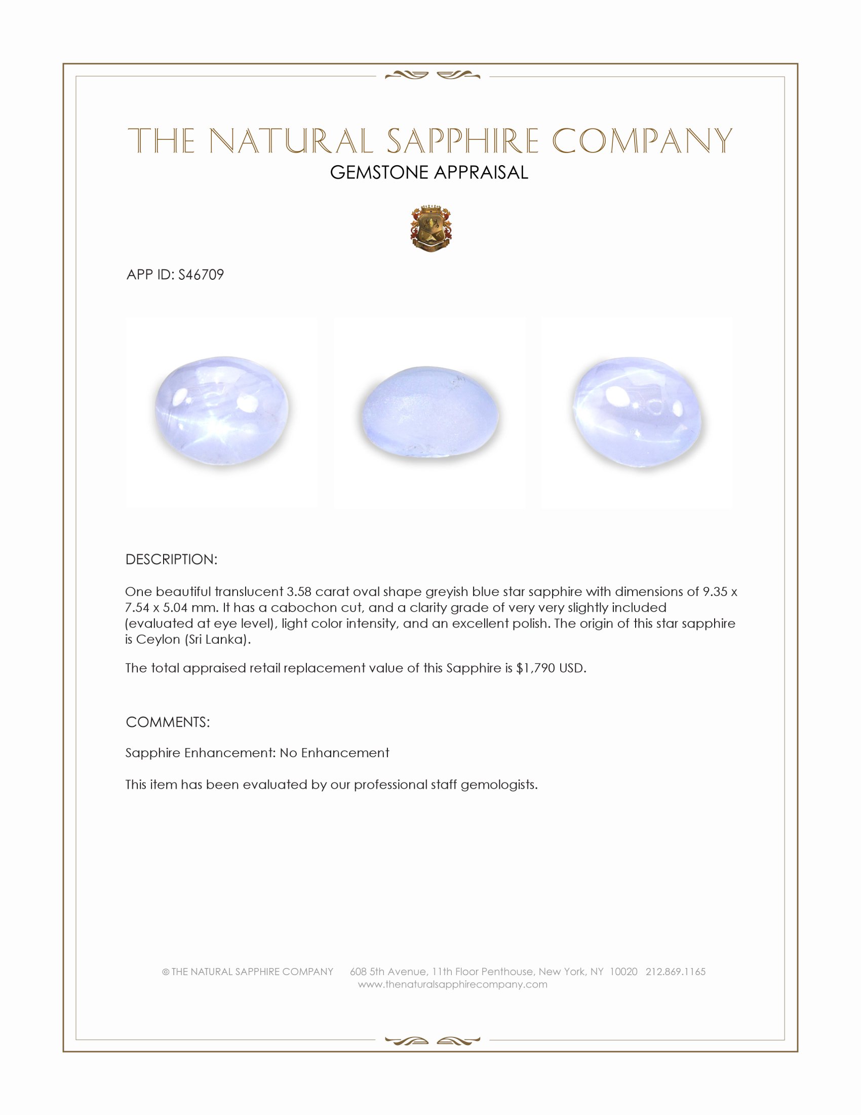 3.58 Ct. Greyish Blue Star Sapphire from Ceylon (Sri Lanka)