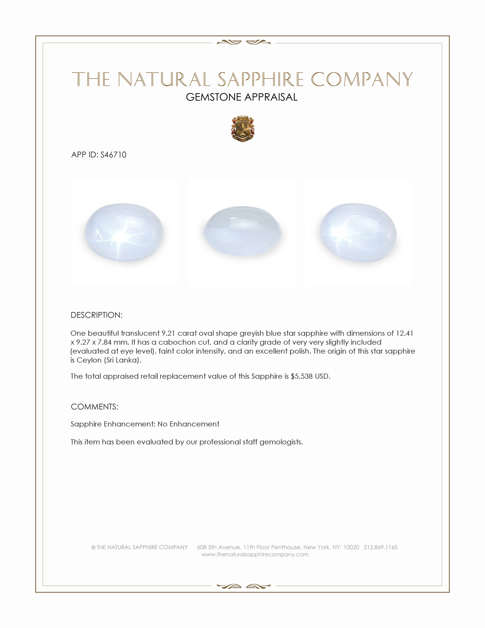 9.21 Ct. Greyish Blue Star Sapphire from Ceylon (Sri Lanka)