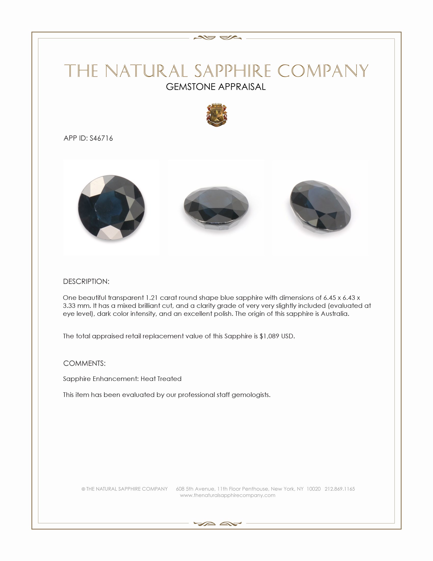 1.21 Ct. Blue Sapphire from Australia