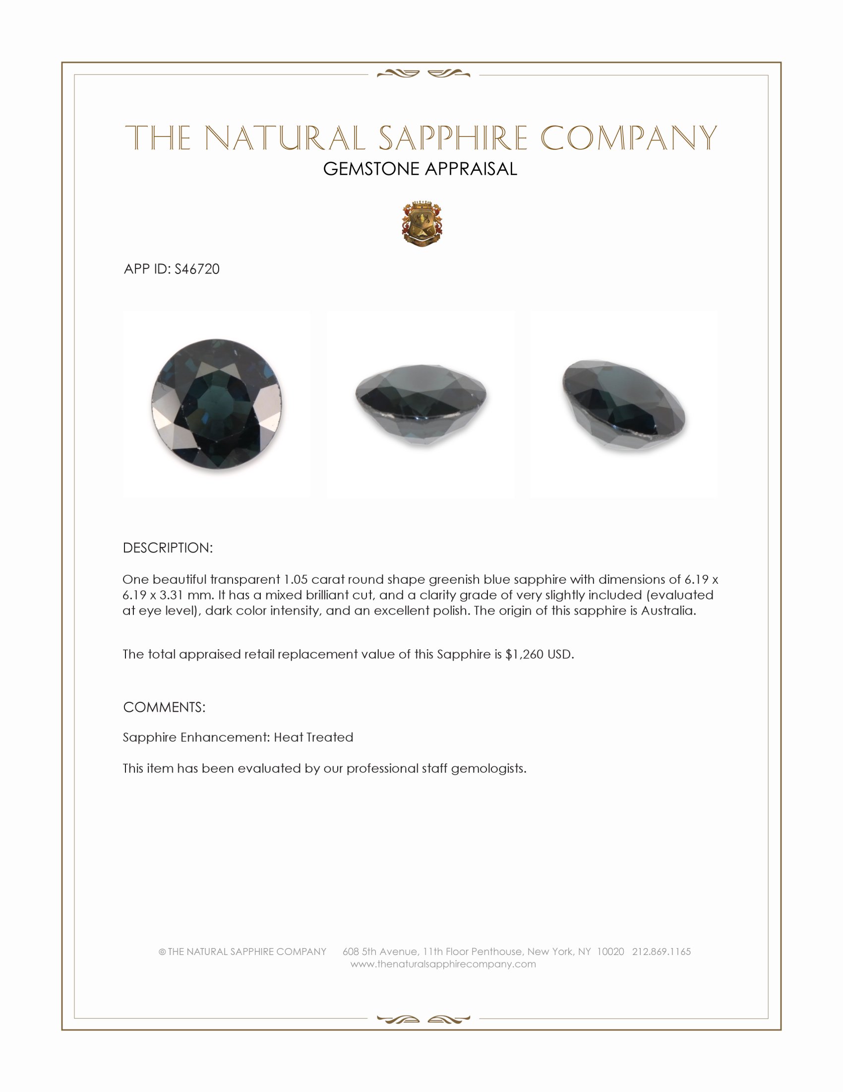 1.05 Ct. Greenish Blue Sapphire from Australia