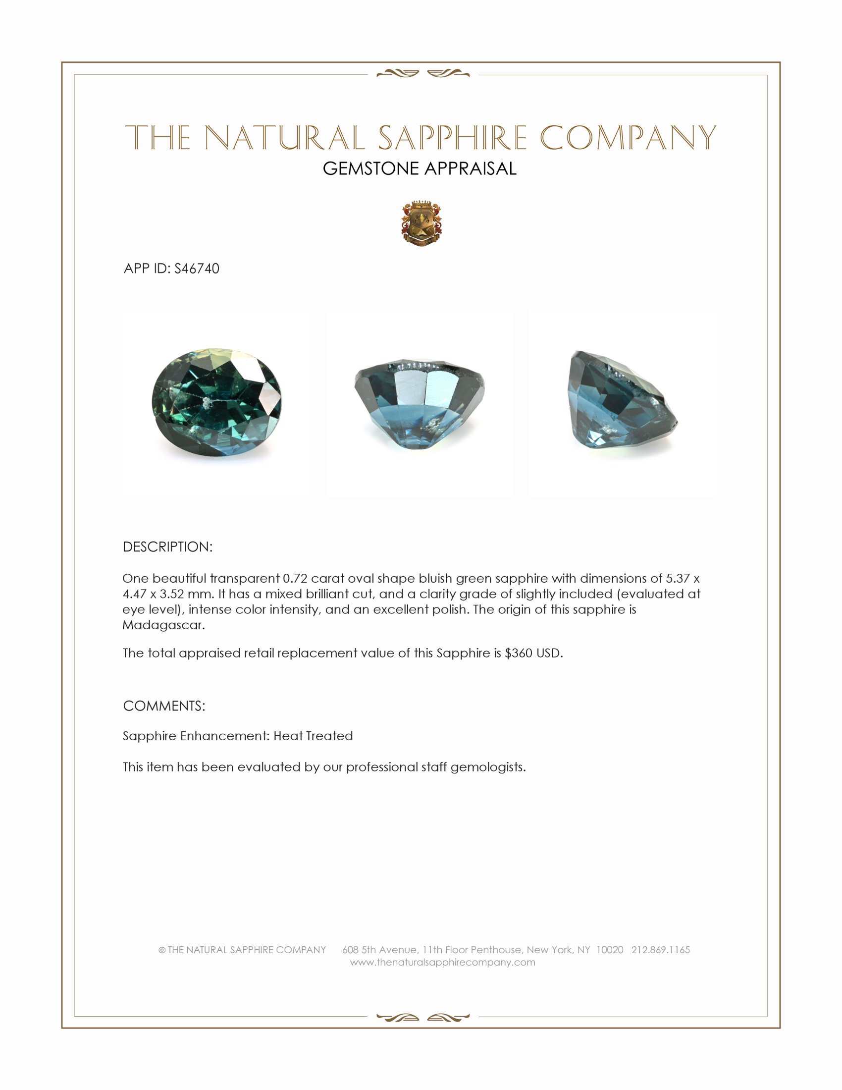 0.72 Ct. Bluish Green Sapphire from Madagascar