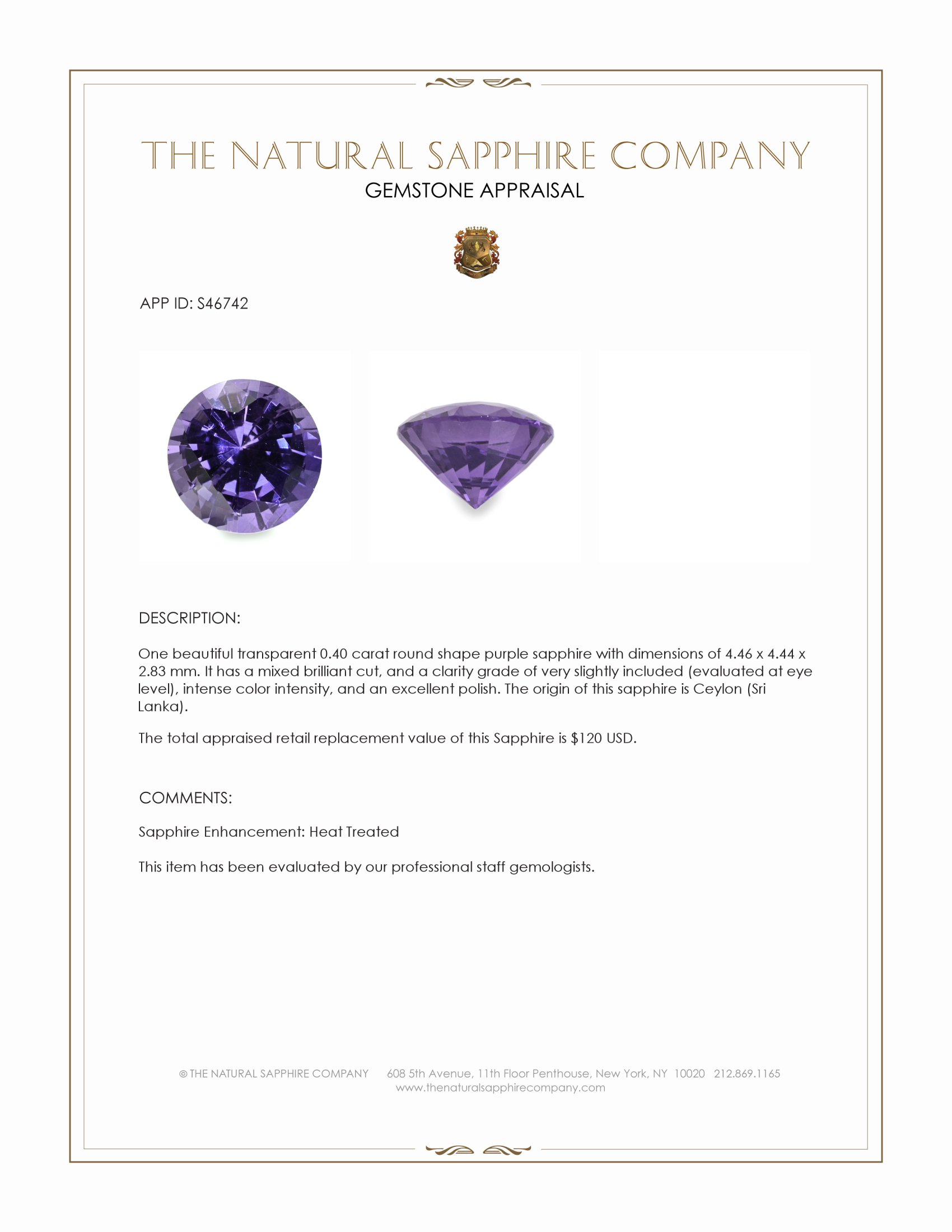 0.40 Ct. Purple Sapphire from Ceylon (Sri Lanka)