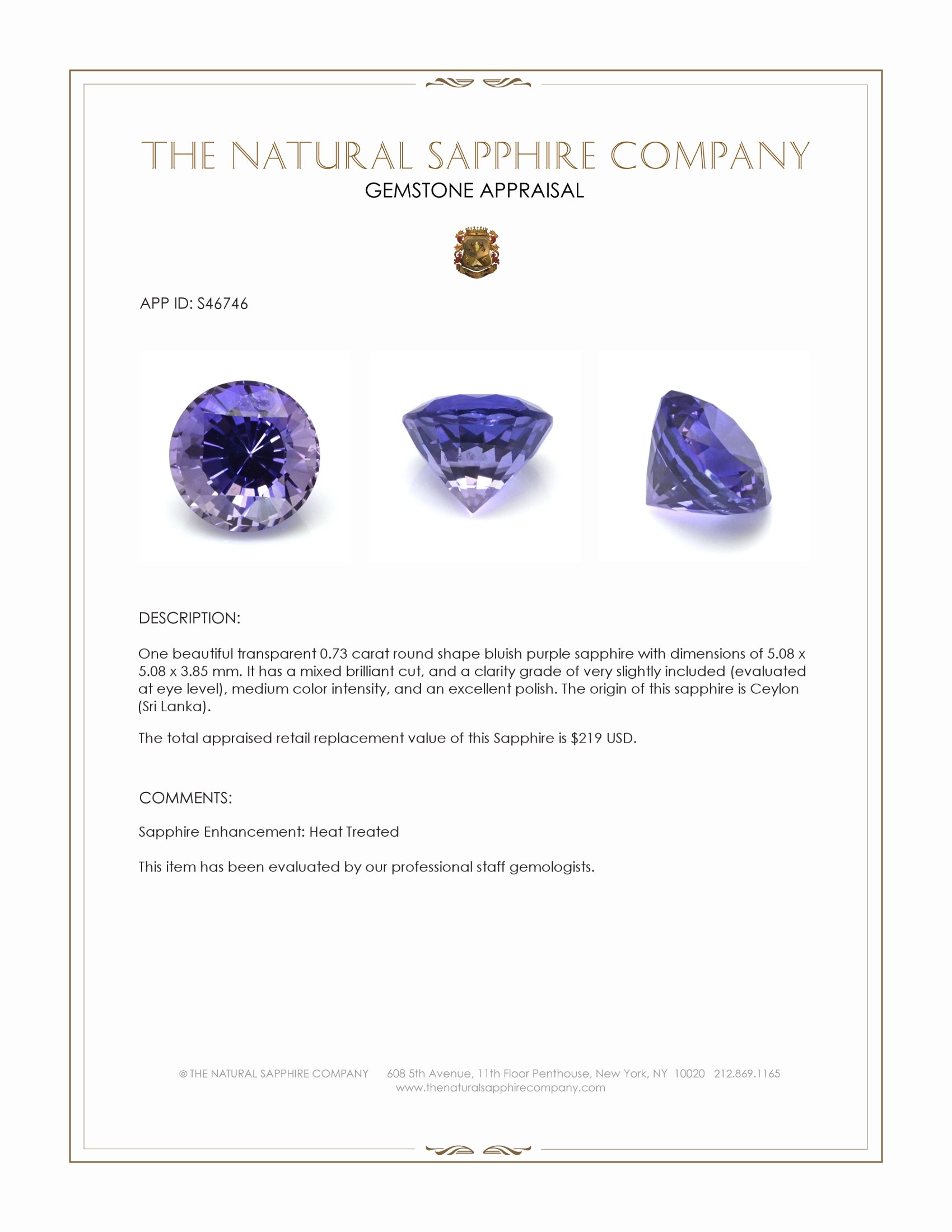 0.73 Ct. Bluish Purple Sapphire from Ceylon (Sri Lanka)