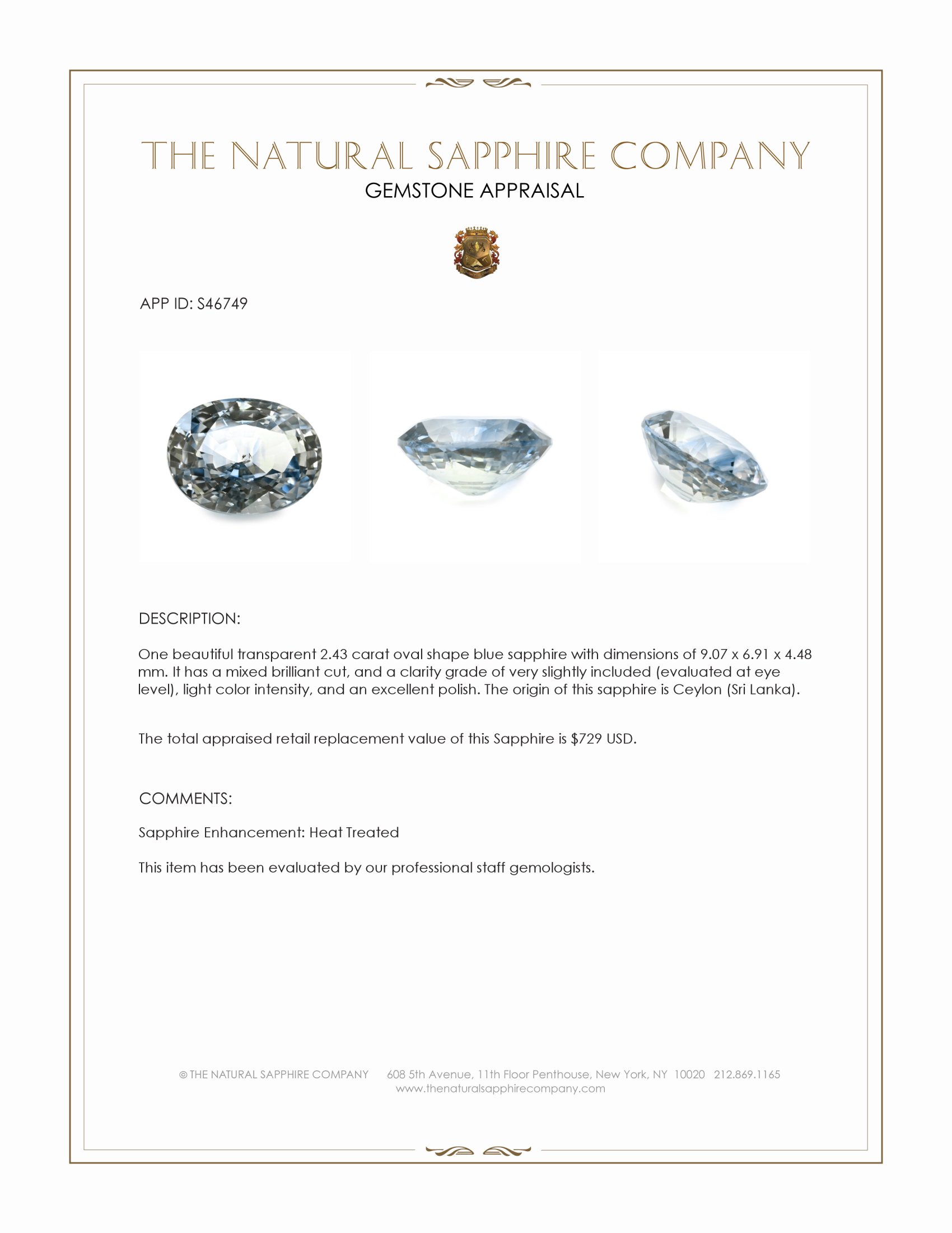 2.43 Ct. Blue Sapphire from Ceylon (Sri Lanka)