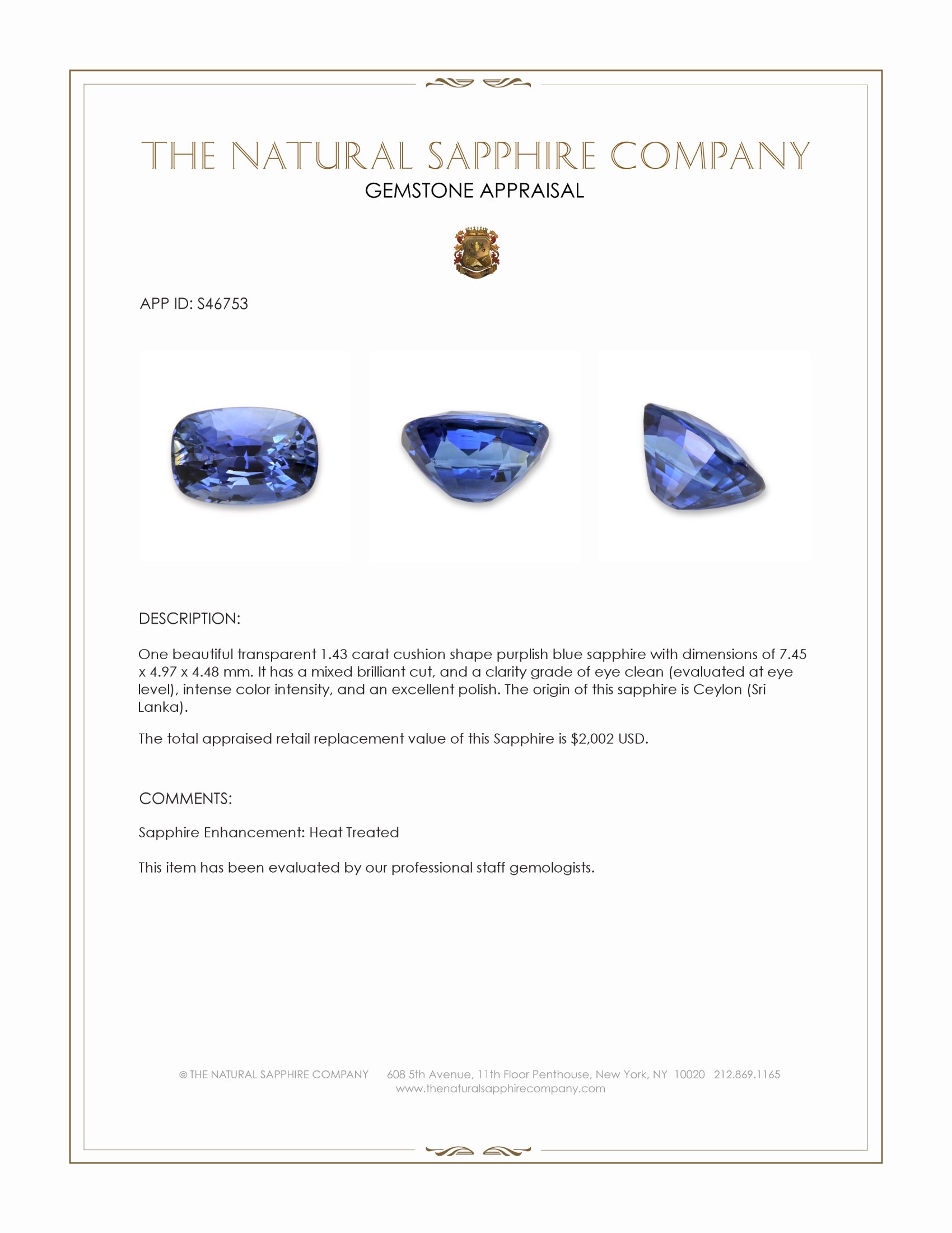1.43 Ct. Purplish Blue Sapphire from Ceylon (Sri Lanka)