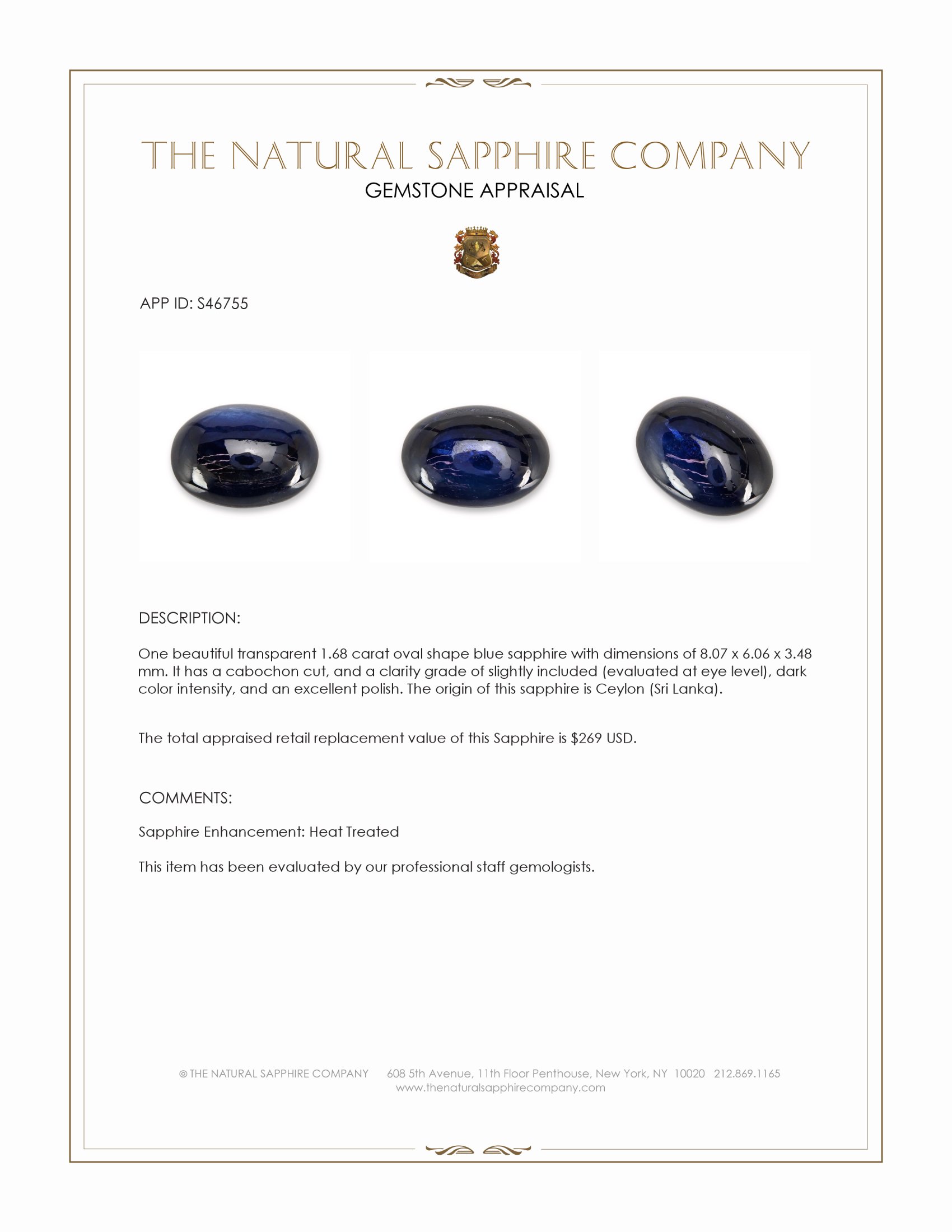 1.68 Ct. Blue Cabochon Sapphire from Ceylon (Sri Lanka)