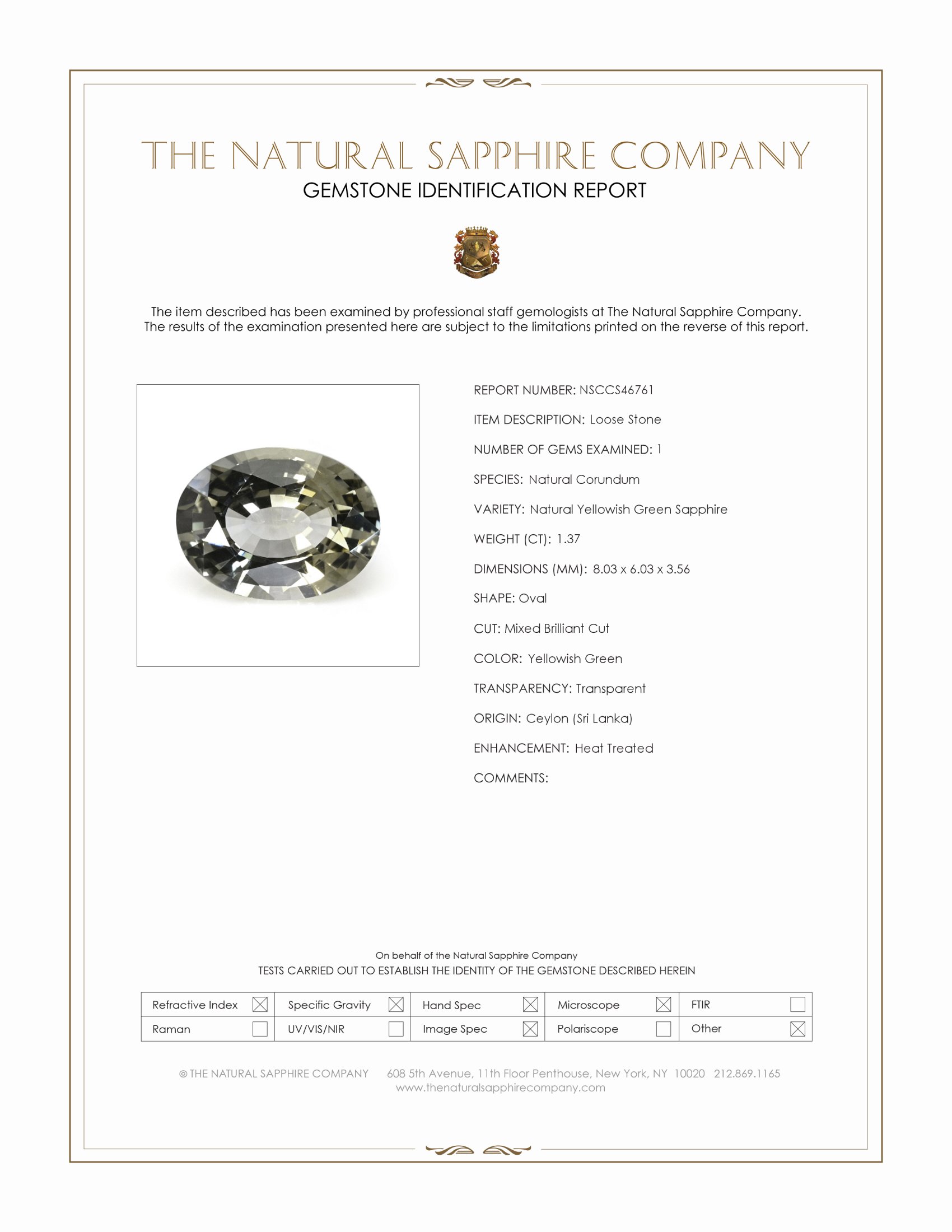 1.37 Ct. Yellowish Green Sapphire from Ceylon (Sri Lanka)