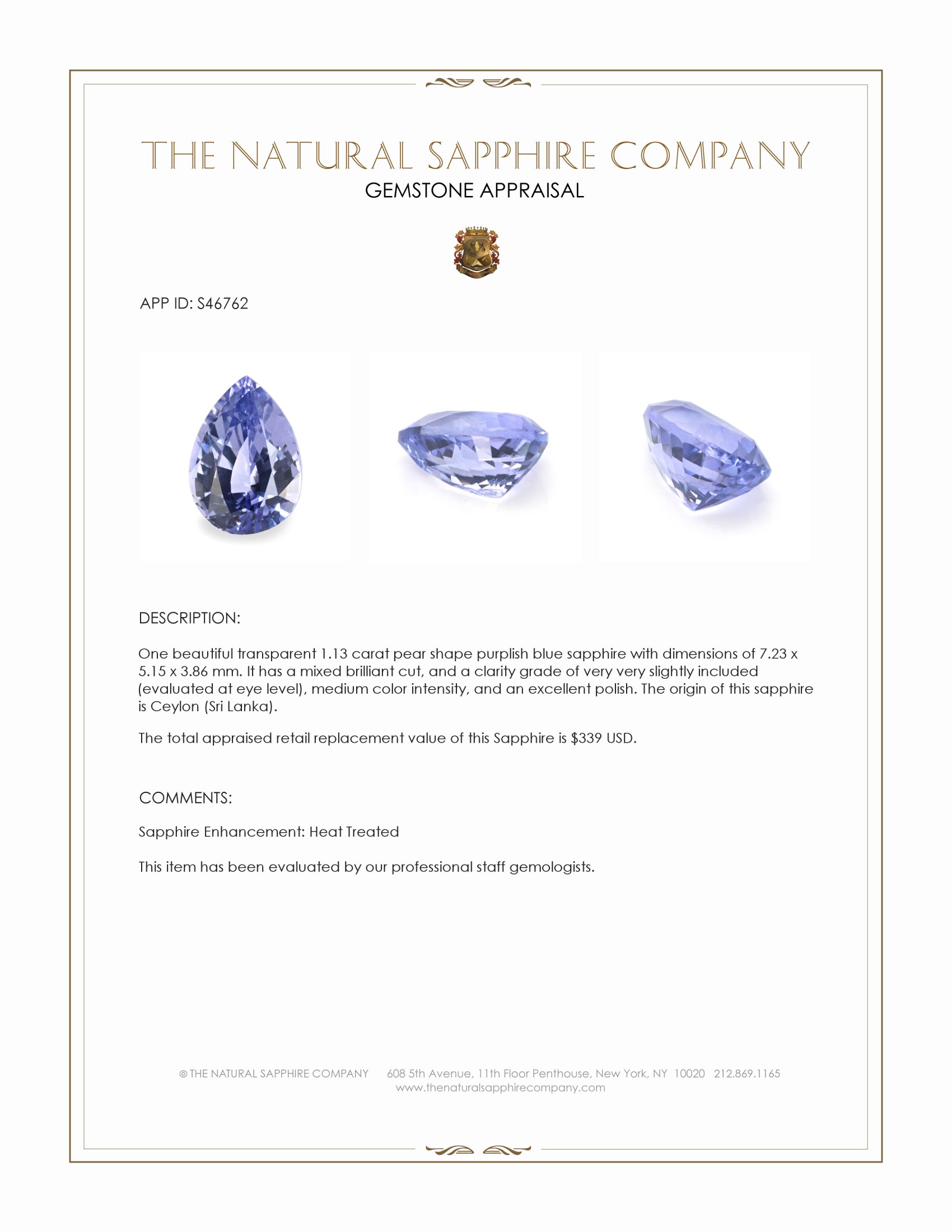 1.13 Ct. Purplish Blue Sapphire from Ceylon (Sri Lanka)