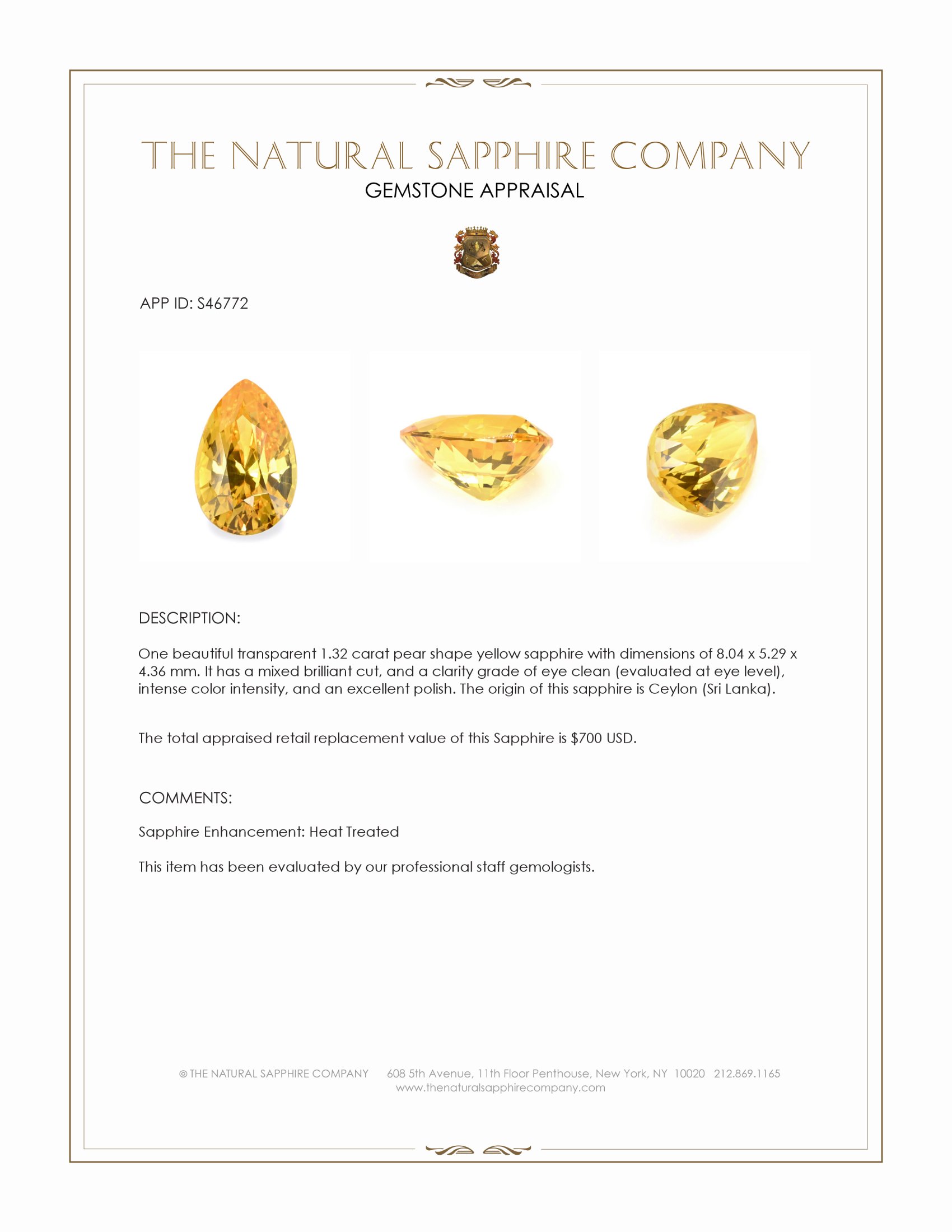 1.32 Ct. Yellow Sapphire from Ceylon (Sri Lanka)