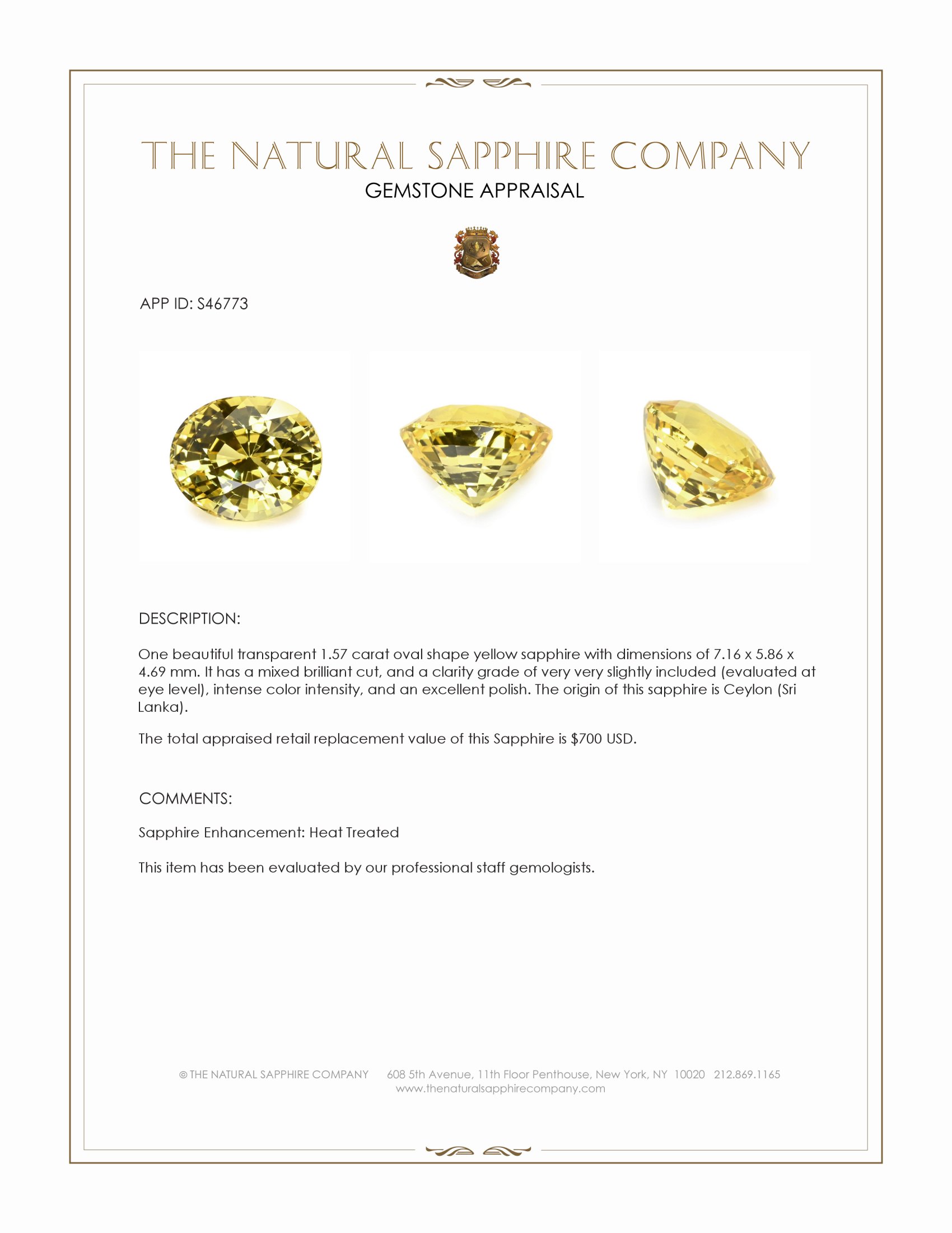 1.57 Ct. Yellow Sapphire from Ceylon (Sri Lanka)