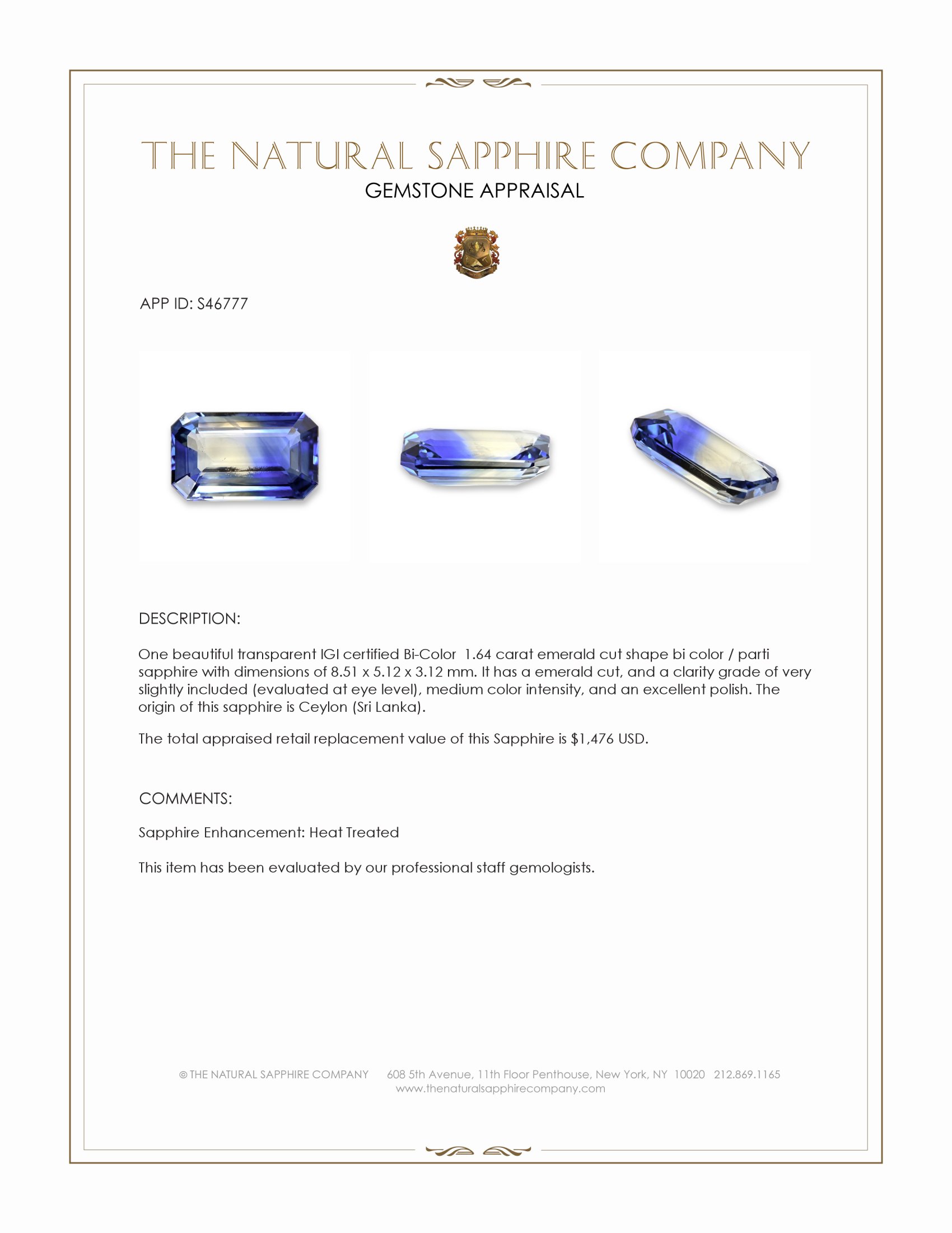1.64 Ct. Bi Color / Parti Sapphire from Ceylon (Sri Lanka)