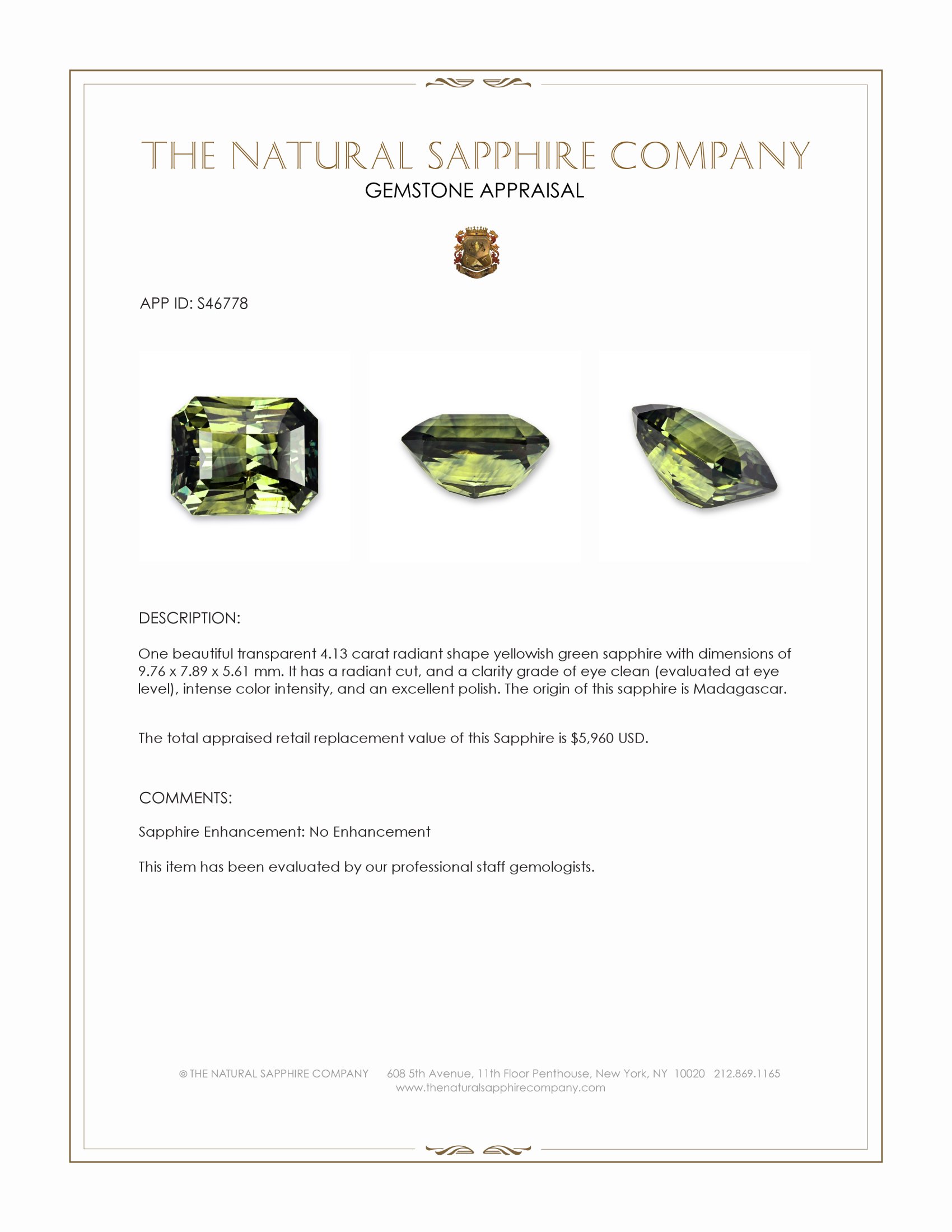 4.13 Ct. Yellowish Green Sapphire from Madagascar