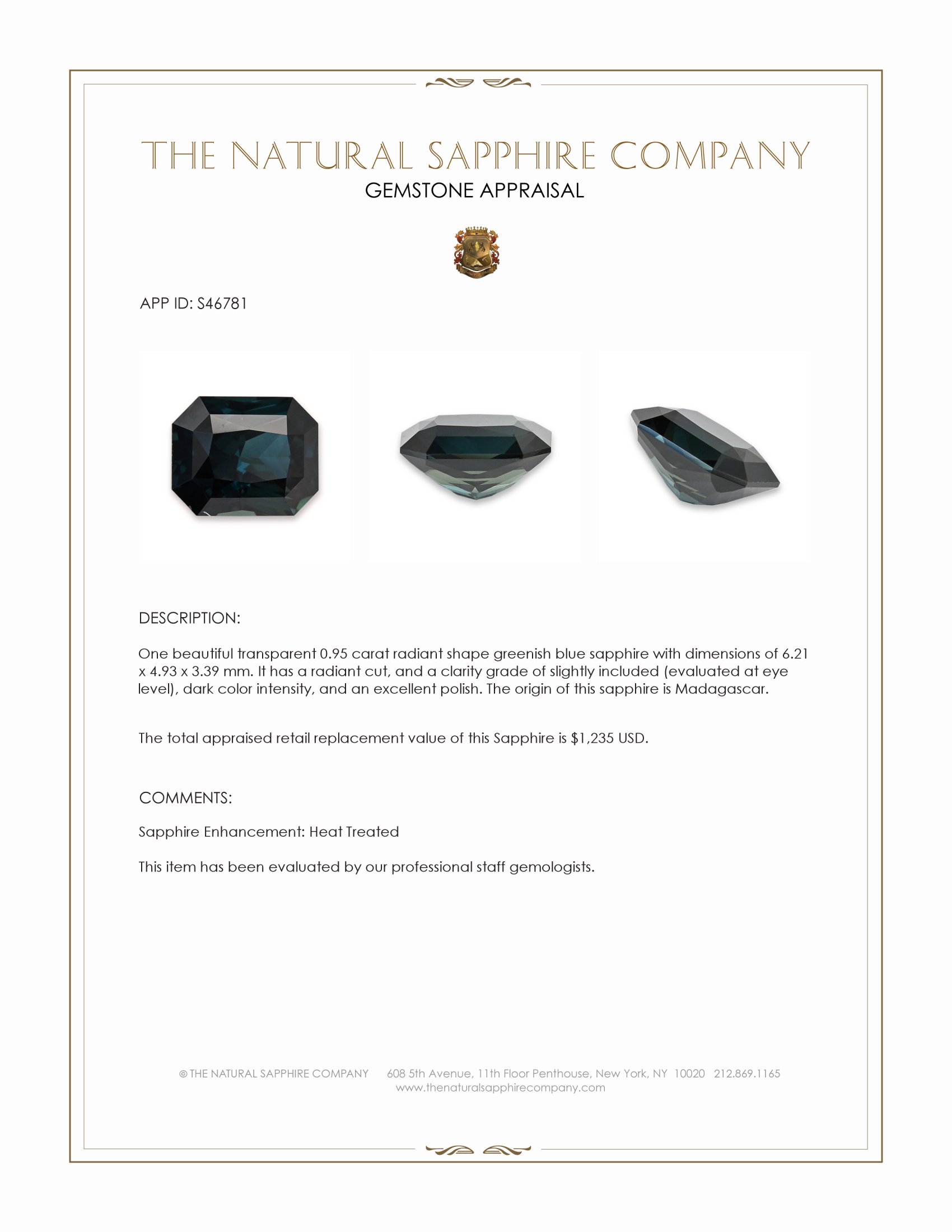 0.95 Ct. Greenish Blue Sapphire from Madagascar