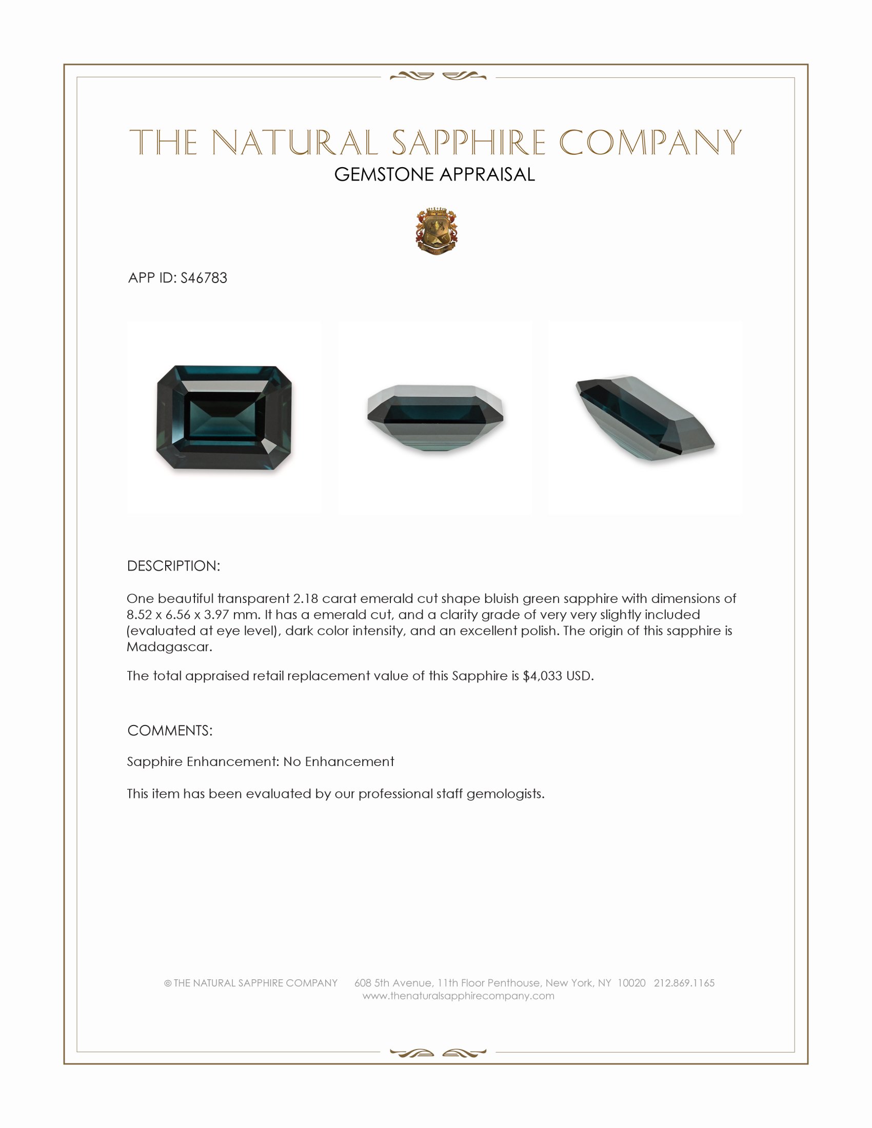 2.18 Ct. Bluish Green Sapphire from Madagascar