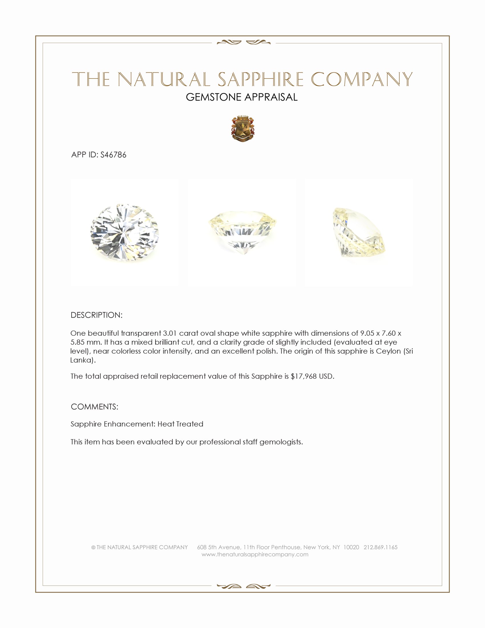 3.01 Ct. White Sapphire from Ceylon (Sri Lanka)